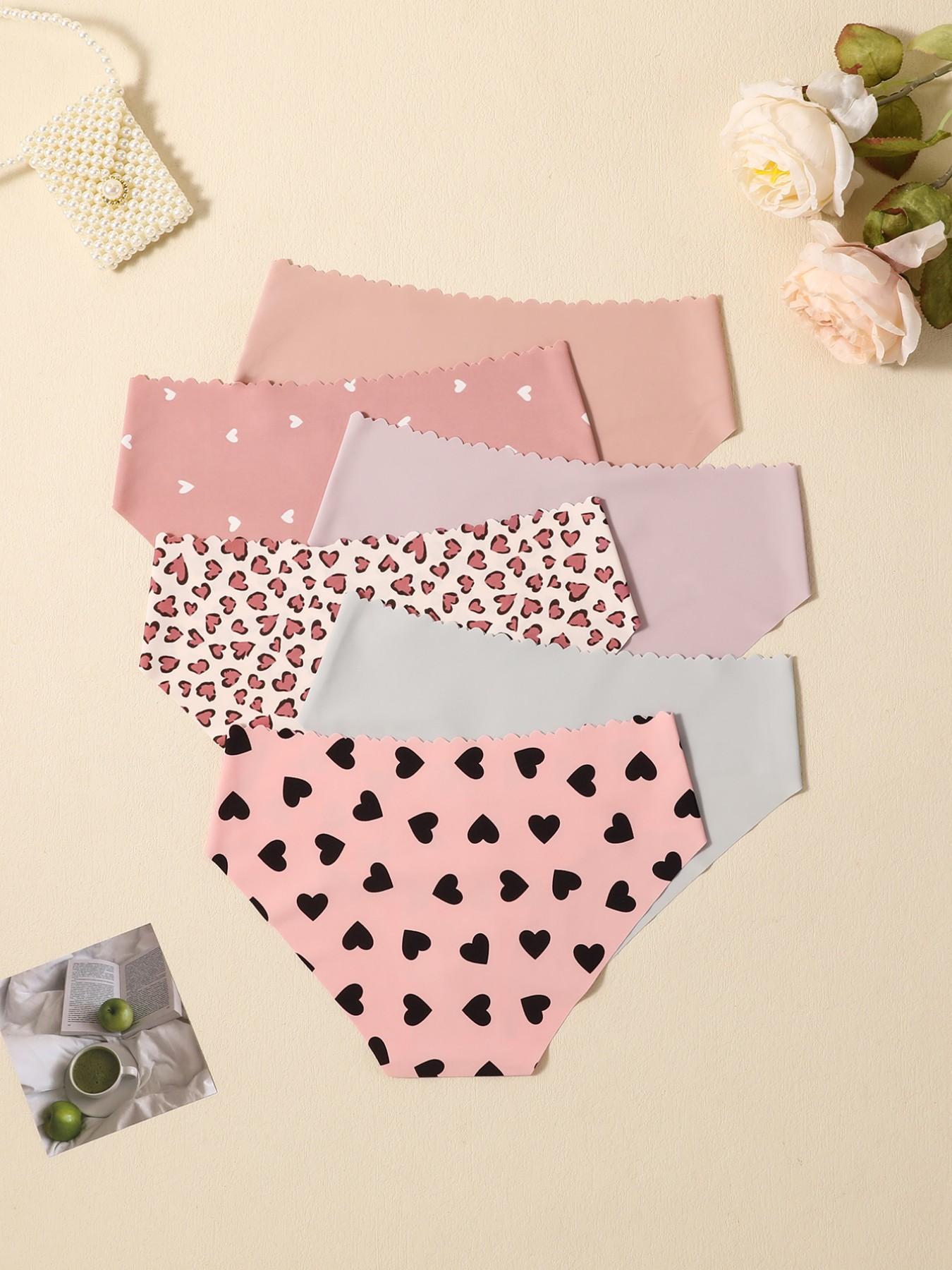 Women's Heart Print Panties, Soft Comfortable Invisible Fit, Triangle Underwear Set, 6 Pieces, Skin-Friendly