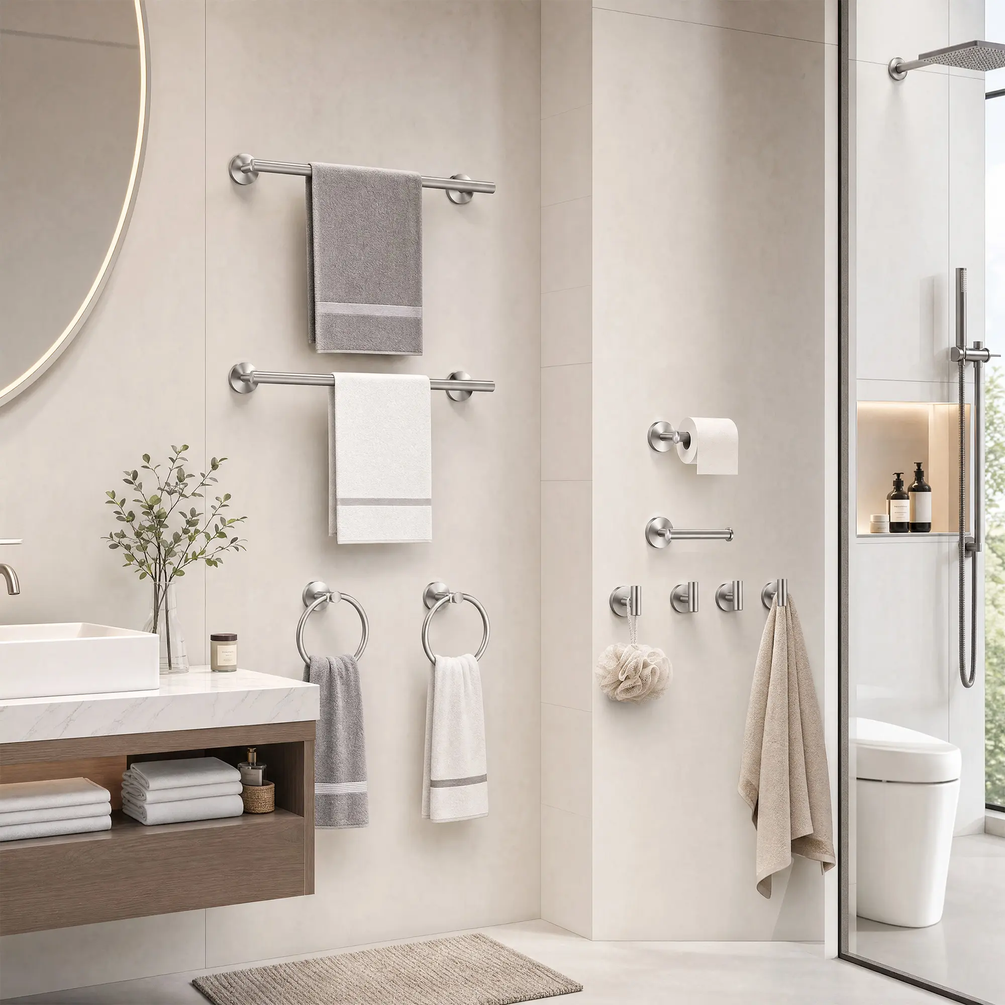 【IdealHouse】10-Piece Bathroom Hardware Set, SUS304 Stainless Steel Towel Bar Set, Include Towel Bars, Towel Rings, Toilet Paper Holder and Robe Hooks, Wall Mounted Bathroom Accessories for Bath, Shower and Restroom