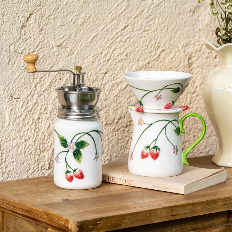 Strawberry Ceramic Hand-Crank Coffee Grinder Set, Home Manual Pour-Over Coffee Maker, Milk Jug, Cup & Saucer Series