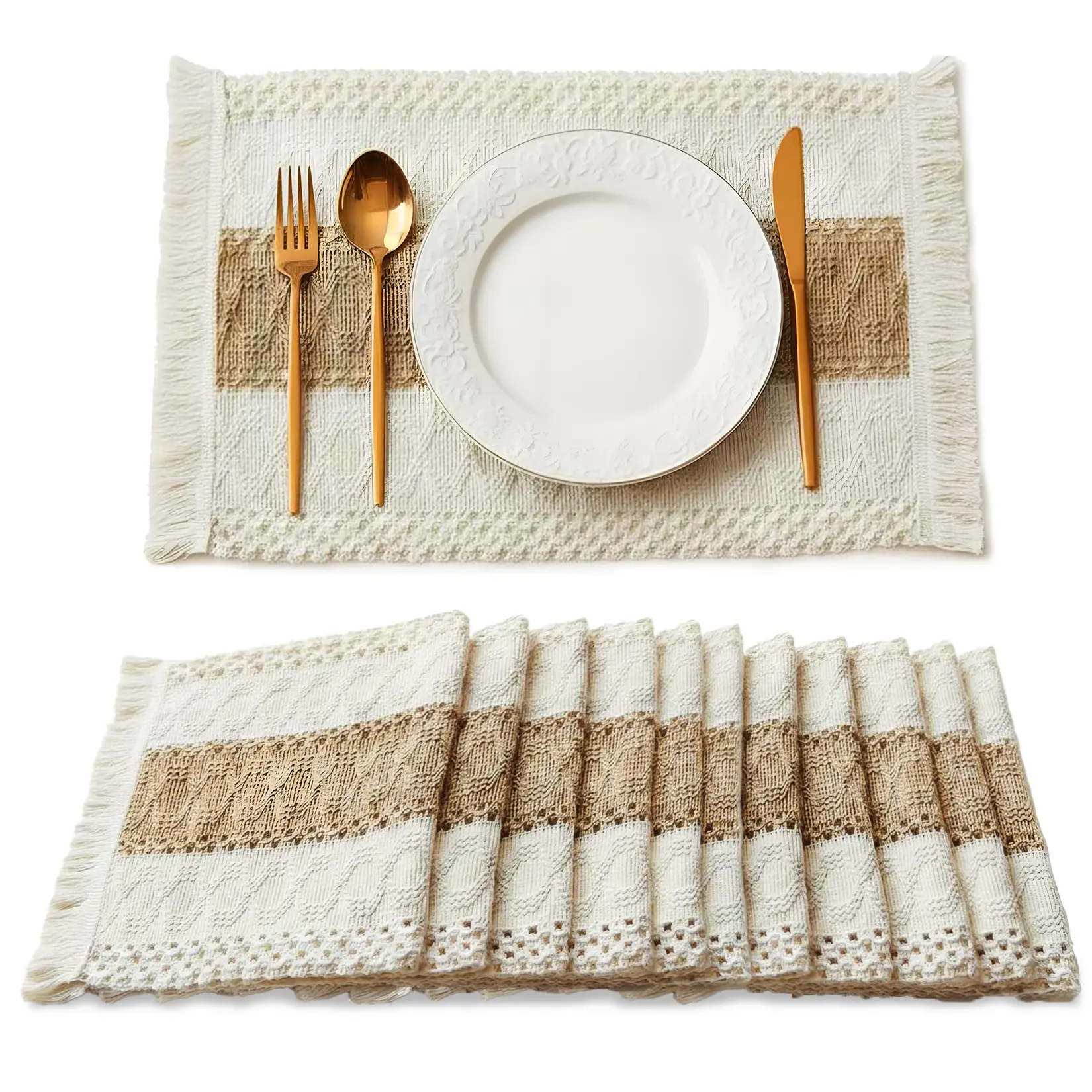 Boho Macrame Placemats Set of 12 – 12x20 Inch Linen Cotton Table Mats with Tassels – Beige & White Farmhouse Dining Room & Kitchen Decor – Woven Table Mats