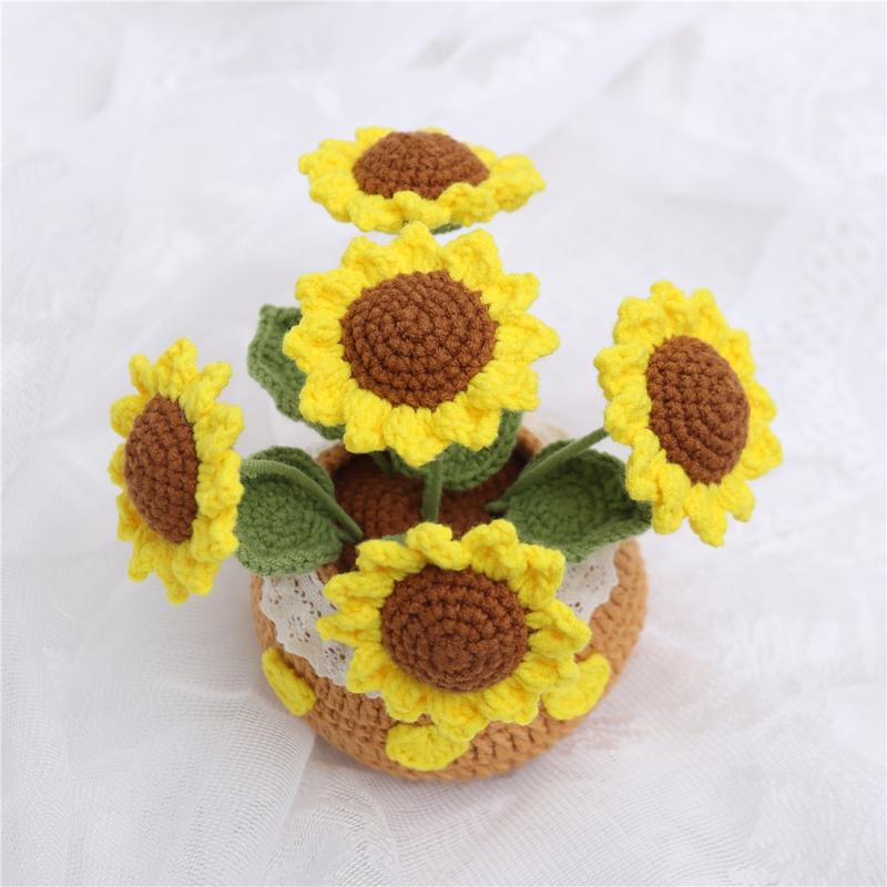 Crochet Sunflower Potted Plant, 1 Count Exquisite Handmade Knitting Potted Plant, Desktop Decoration for Home Living Room Bedroom Dining Room Office Dormitory, Artificial Potted Flower