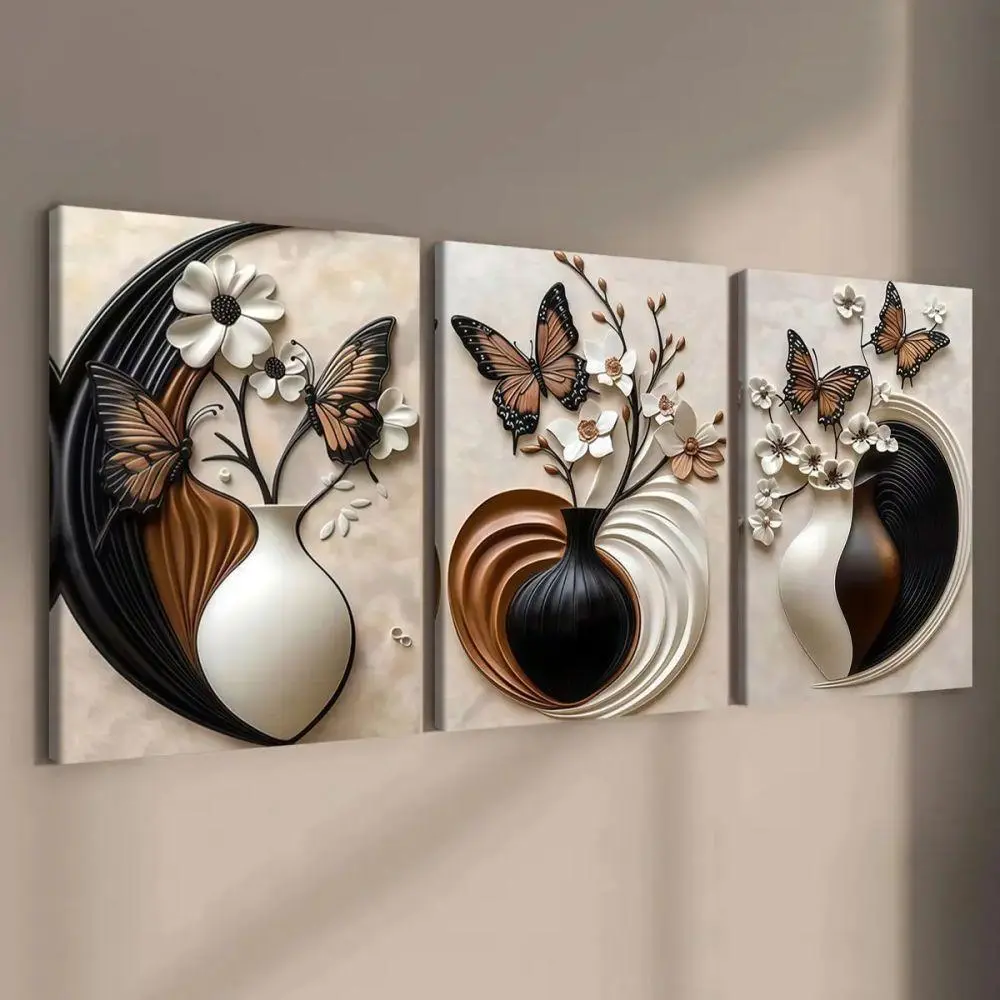 Modern 3 Piece Butterfly Canvas Wall Art 3D Effect Flower Vase Living Room Decor Abstract Luxury Prints Set