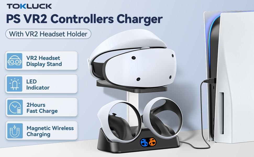 SUNDAY MIRTH Ps5 Vr2 Controller Charging Station with VR Headset Stand, Includes LED Indicator and 2 Magnetic Clips, Essential VR Accessories for Ps Vr2