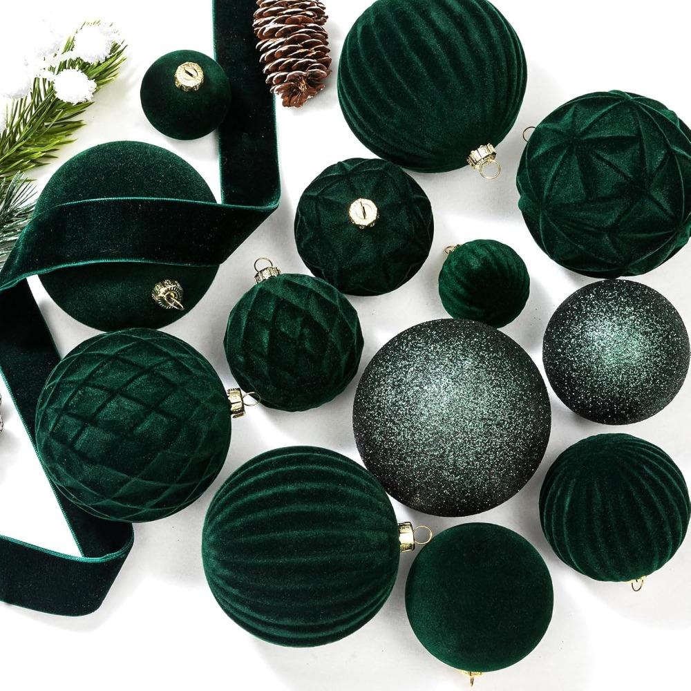 36 Pieces Velvet Christmas Ball Ornaments Dark Green Xmas Tree Decorations Shatterproof Christmas Ornaments Set Modern Elegant Decoration