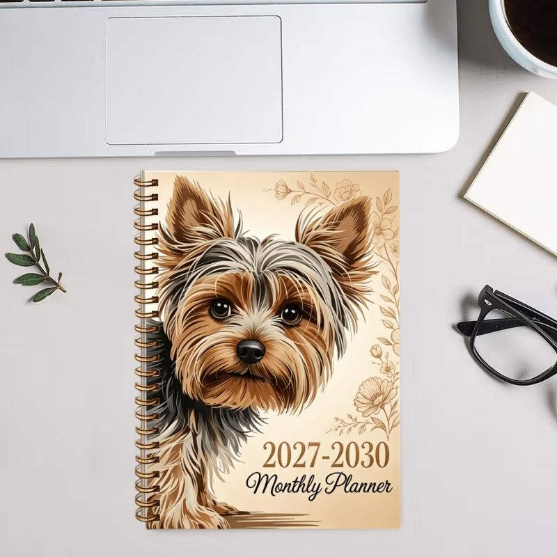 2027-2030 Monthly Custom Calendar - January 2027 to December 2030, four-year monthly custom, fun brown dog and floral themed cover notebook, annual calendar customization, month tabs, 48-month calendar, 13.97 x 21.08 cm thick paper