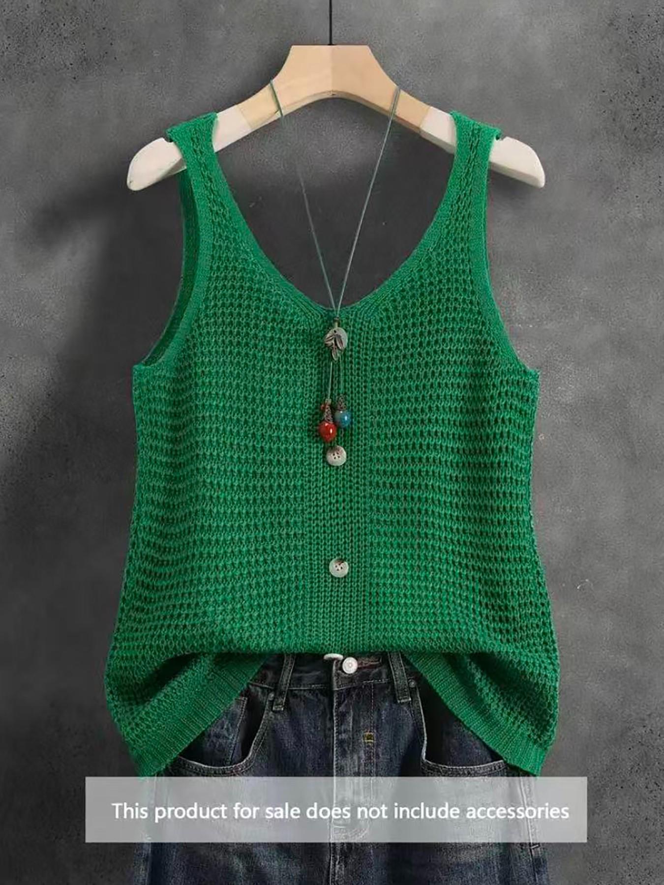 Women's Sleeveless V-Neck Knit Top, Summer Outerwear, Slimming Comfortable Loose Fit, Elegant Casual Design, Breathable Mesh Vest