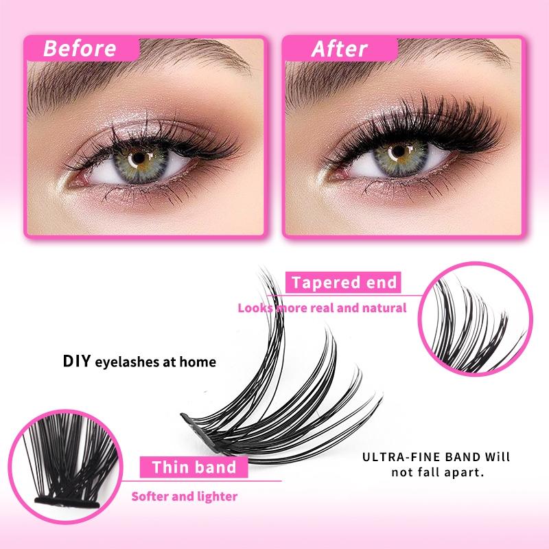 Mixed Length Individual Cluster Lashes with 2 in 1 Glue & Tweezers, 1 Set Curling Strip Lashes, Natural Curl Fluffy Volume False Eyelashes for Women Eye Makeup