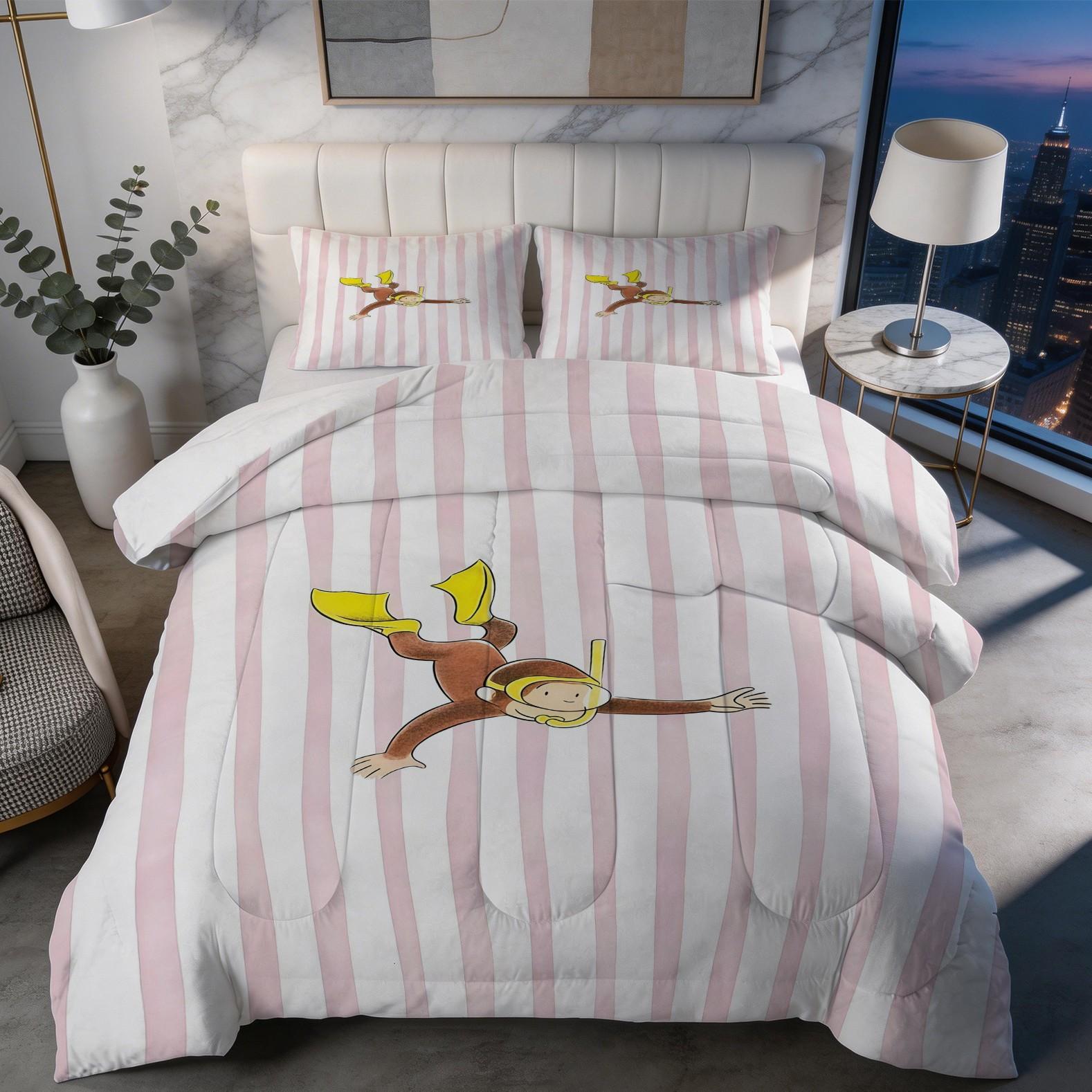 2/3 Piece Curious George Comforter Set, 1 Comforter + 1/2 Pillowcases, Cute Cartoon Monkey Cheerleader Diving Bedding, Kids Bedroom Decor for Girls Boys Teens, Ideal Gift for Curious George Fans