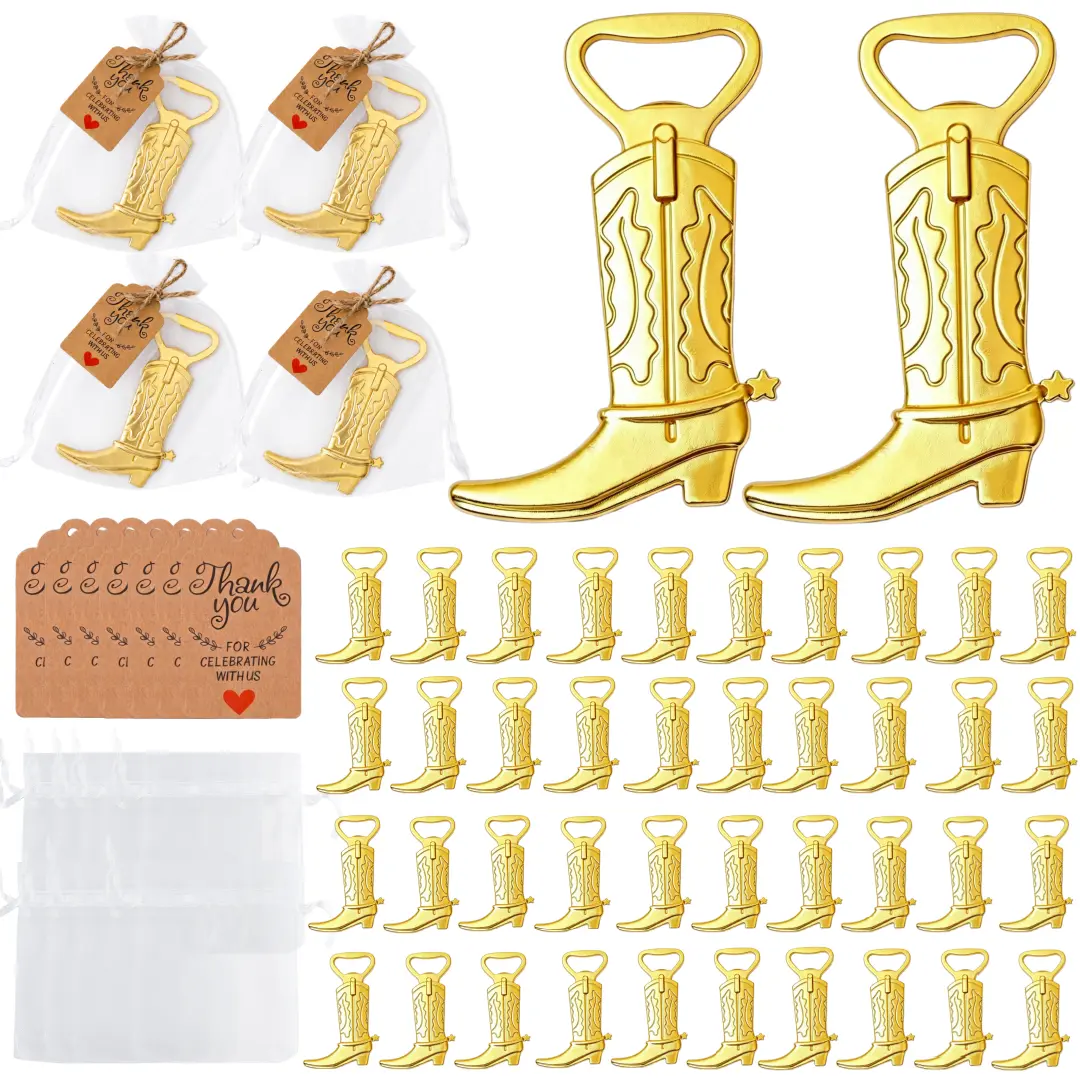 40 Set Western Cowboy Party Favors, Boot Bottle Opener Bulk with Organza Bags Thank You Tags and Jute Rope For Birthday Baby Shower Wedding Wild West Derby Party Decorations