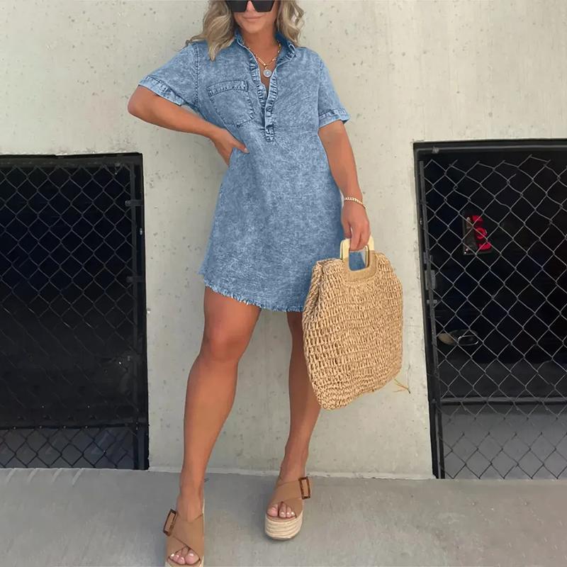 Midiross Ladies Washed Shirt Dress - Short Denim Half Sleeve Casual Wear with Shirt Collar Style