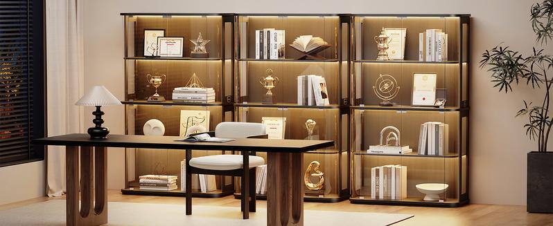 BROTTAR Large Display Cabinet with Glass Door, 4-Tier Curio Cabinet with 3 Color Lights for Collectibles, Glass Display Case with Transparent Full-Display Surface, Human Body Sensor, Black/White