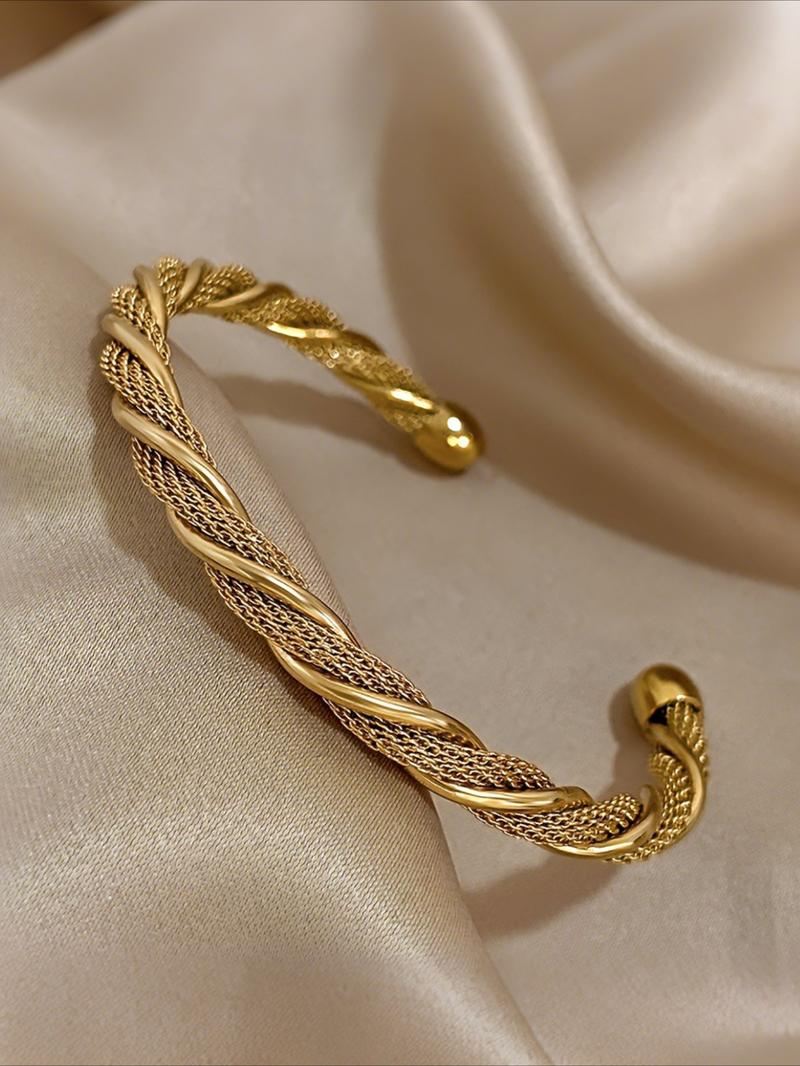 Stainless Steel Open Bangle Bracelet, Fashionable Simple Weave Design, Casual Women's Daily Commute Accessory, Versatile Hand Jewelry