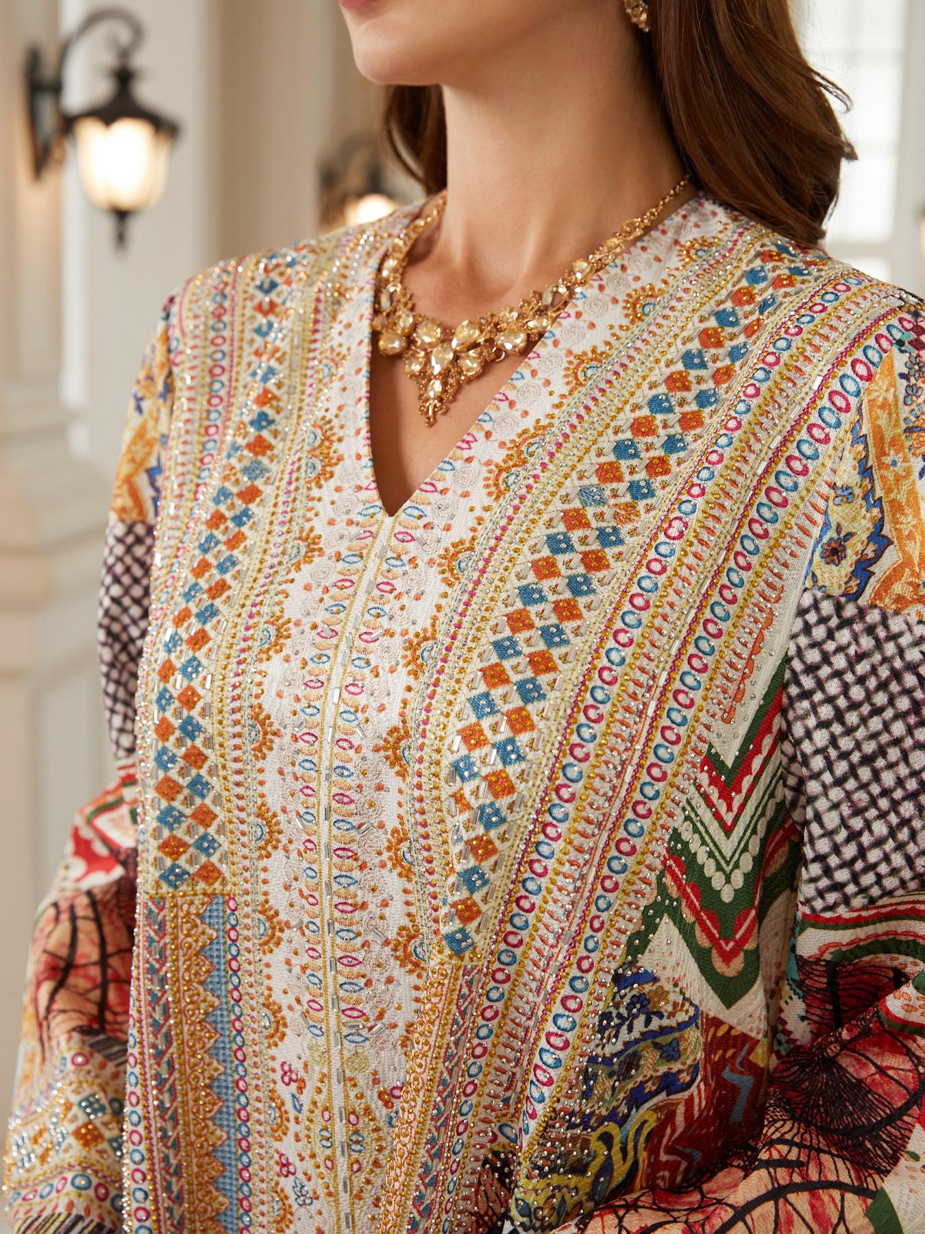 Middle Eastern Ramadan Women's Multi-Color Patchwork Paisley Rhinestone Long Robe, Dubai Style Festival Evening Gown Kaftan Abaya Dress