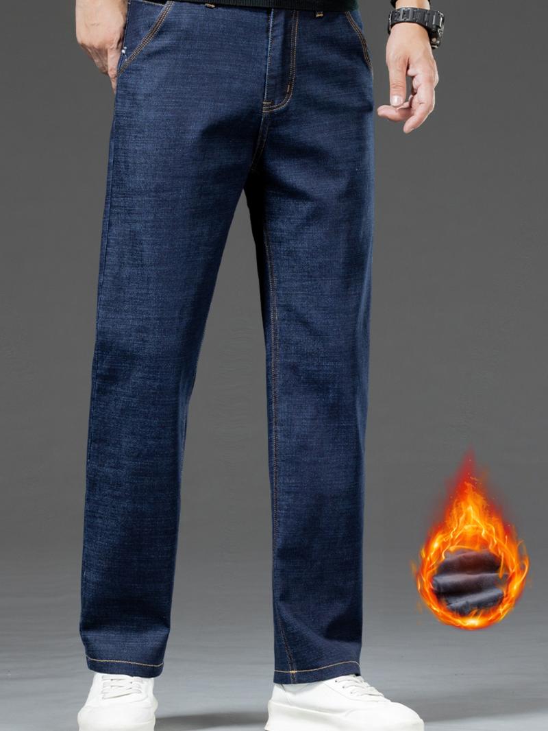 Men's Denim Jeans with Topstitching, Loose Straight Leg Long Pants, Stretch Fashion Pants for Fall & Winter