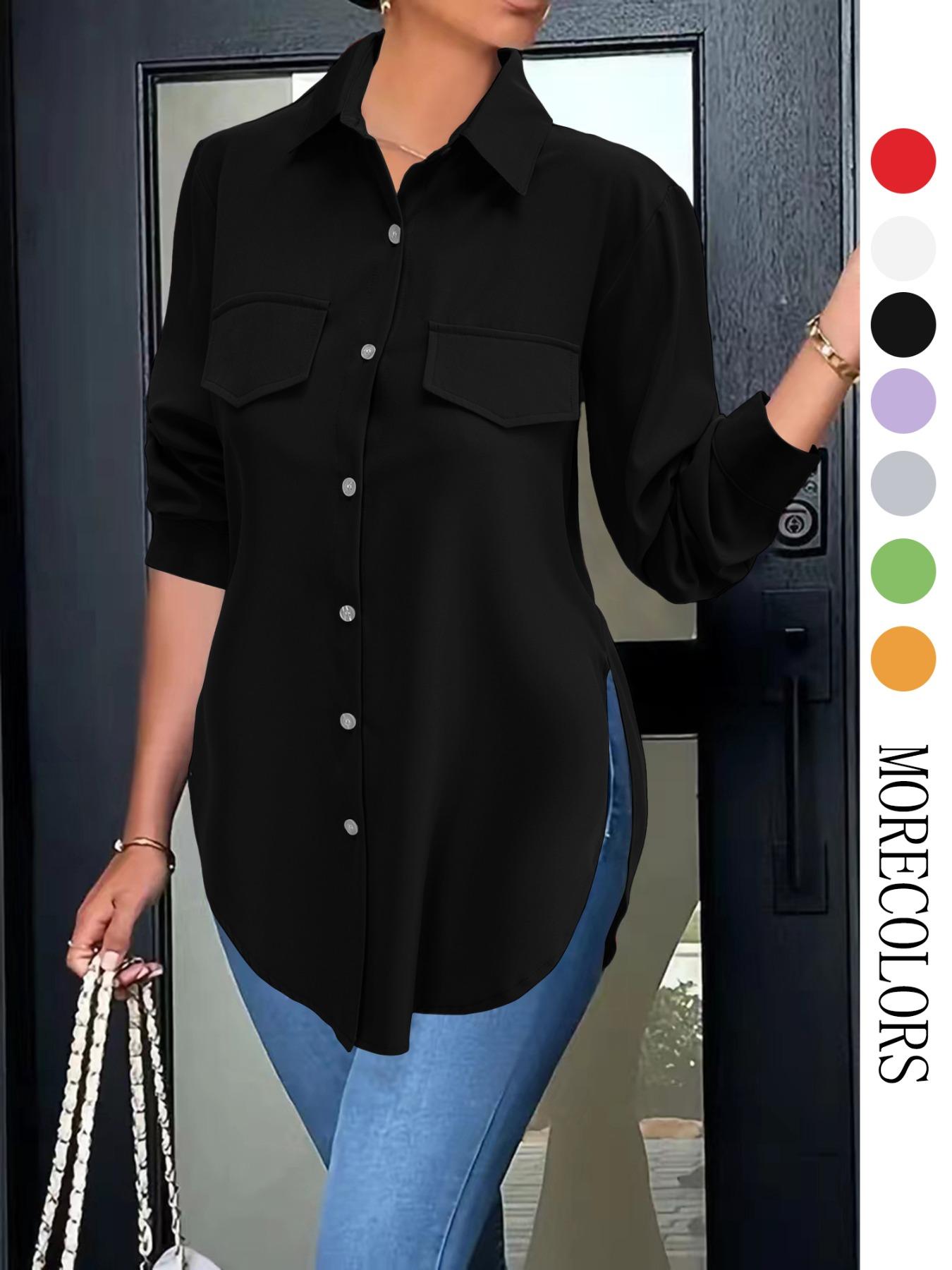 Women's Plain Button Front Split Hem Shirt Blouse, Casual Long Sleeve Collared Top for Spring & Fall, Summer Outfits 2024, Women's Clothing for Daily Wear