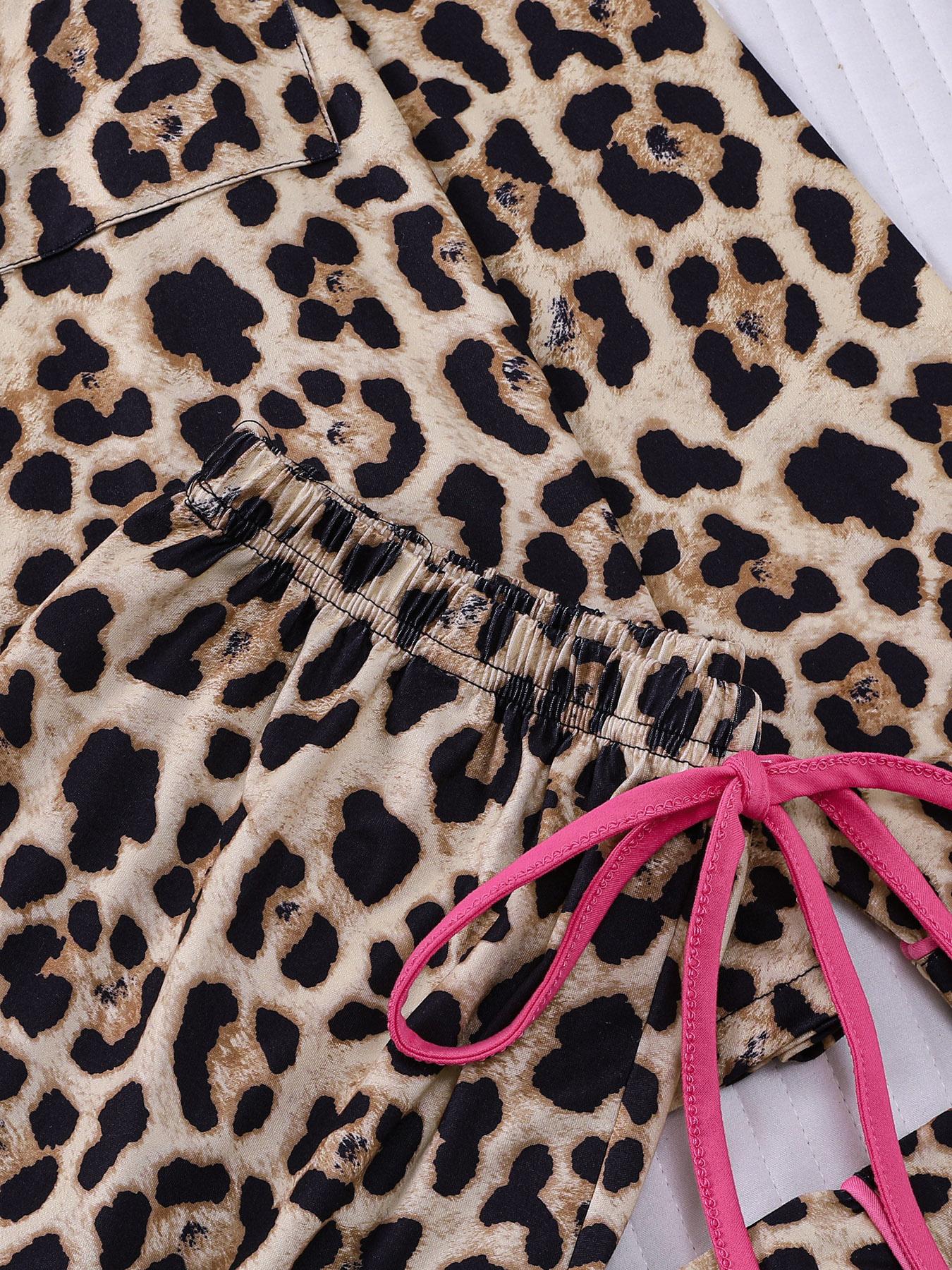 2-piece set full of brown and yellow leopard print long sleeved pants, soft and comfortable, skin friendly and smooth top, small pocket button closure, butterfly bow adjustable waistband, suitable for all seasons home, casual wear, pajamas