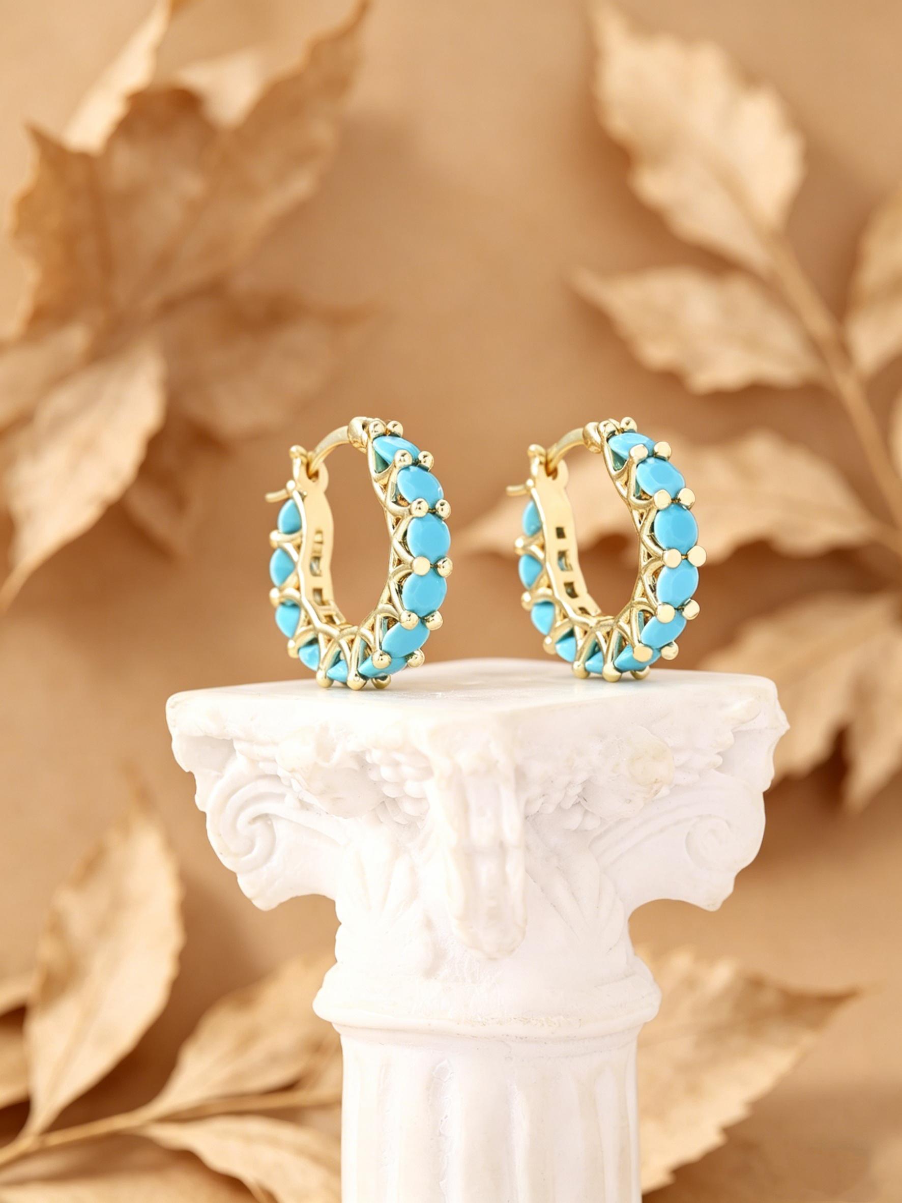 Vintage Round Earrings, Unique Design Lake Blue Stone Studs, Daily Wear Beach Vacation High-End Jewelry, Elegant and Stylish Accessories