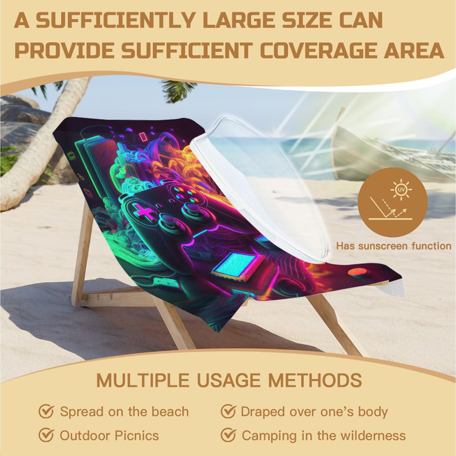 Neon Game Controller Print Beach Towel, a Unique Cyberpunk‑Style Game Controller Beach Towel, Perfect for Beach Vacations, Poolside Fun, and Outdoor Camping—Creating a Trendy and Cool Summer Getaway Experience
