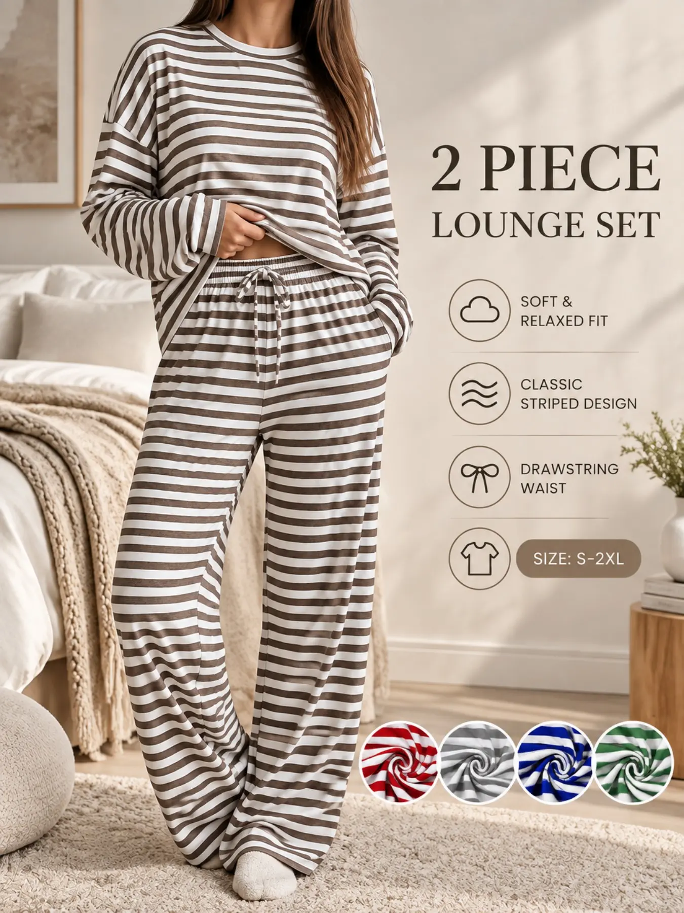 Women's Striped Sleepwear Pajama Set, Loose-Fit Long Sleeve Top and Drawstring Wide Leg Pants, Casual Home Wear, Sizes S-Xxl