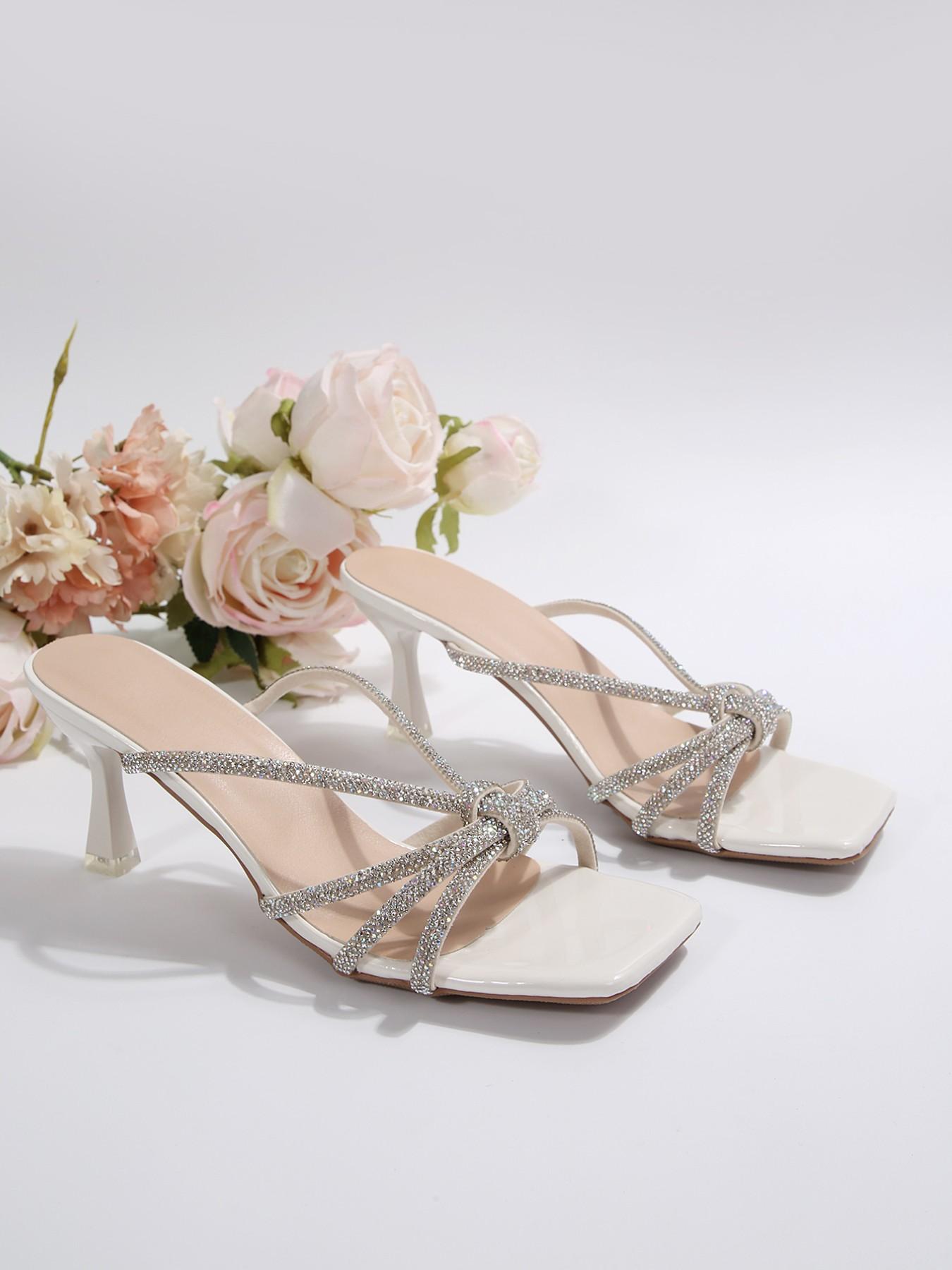 French Style Rhinestone Decor Women's Dressy Embellished Sparkly Sandals, Elegant Square Toe Party Shoes, PU Upper PVC Sole, Medium Width, Perfect for Dates and Events