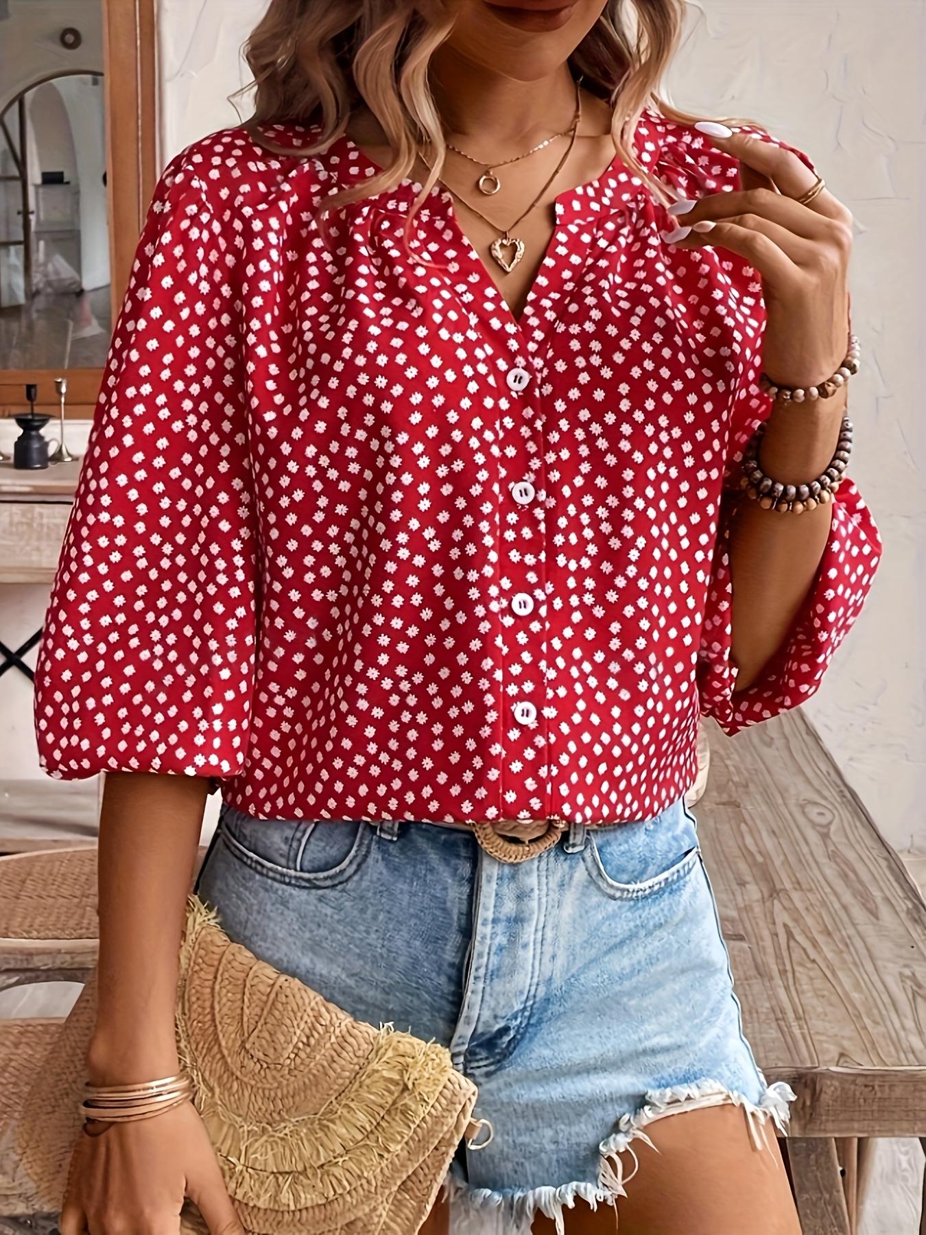 A women's fashionable versatile casual red floral V-neck lantern sleeve shirt, suitable for summer, daily casual wear, vacation, and commuting.