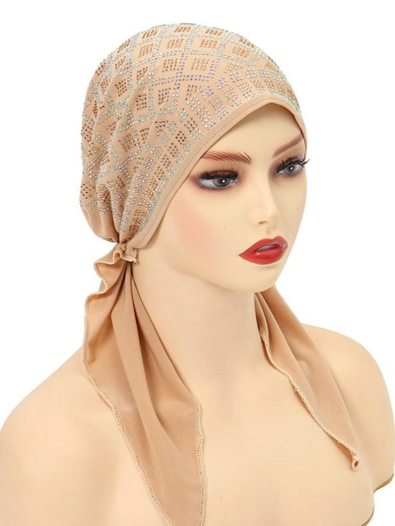 Women's Elastic Turban Hat, Soft Solid Color Diamond Casual Hat, Hijab Headwrap Inner Cap Bonnet, Ideal for Outdoor Use