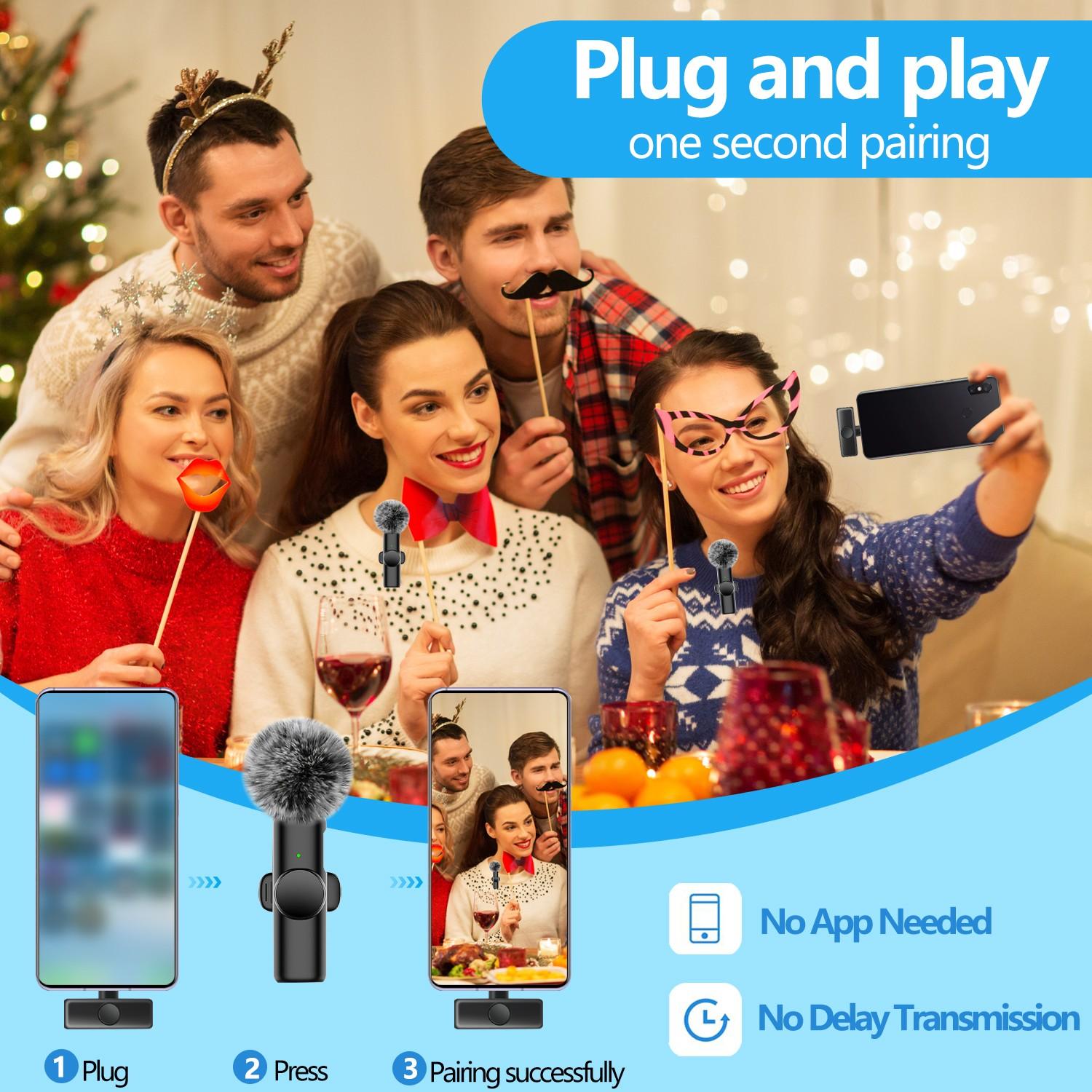 Wireless Lapel Microphone for iOS/Type-C, Plug-And-Play, High-Quality Sound, Smart Noise Reduction, Wireless Mic Receiver, Compatible with Android/iPhone/tablet, USB Rechargeable Mic