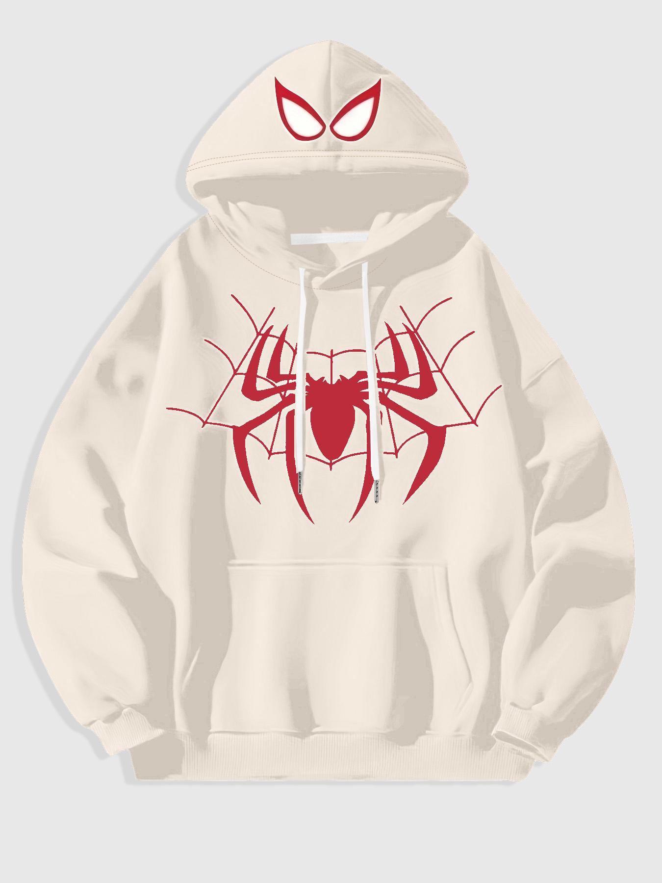 Men's Black Spider-Man Graphic Hoodie with 3D Red Spider Logo and Web Design, Soft Fleece Pullover for Superhero Fans and Casual Streetwear