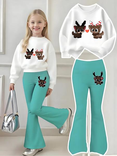 Girls' Cartoon Print Sweatshirt & Elastic Leggings Set, Casual Fitted for Spring & Fall, Kids Outdoor Indoor Activities