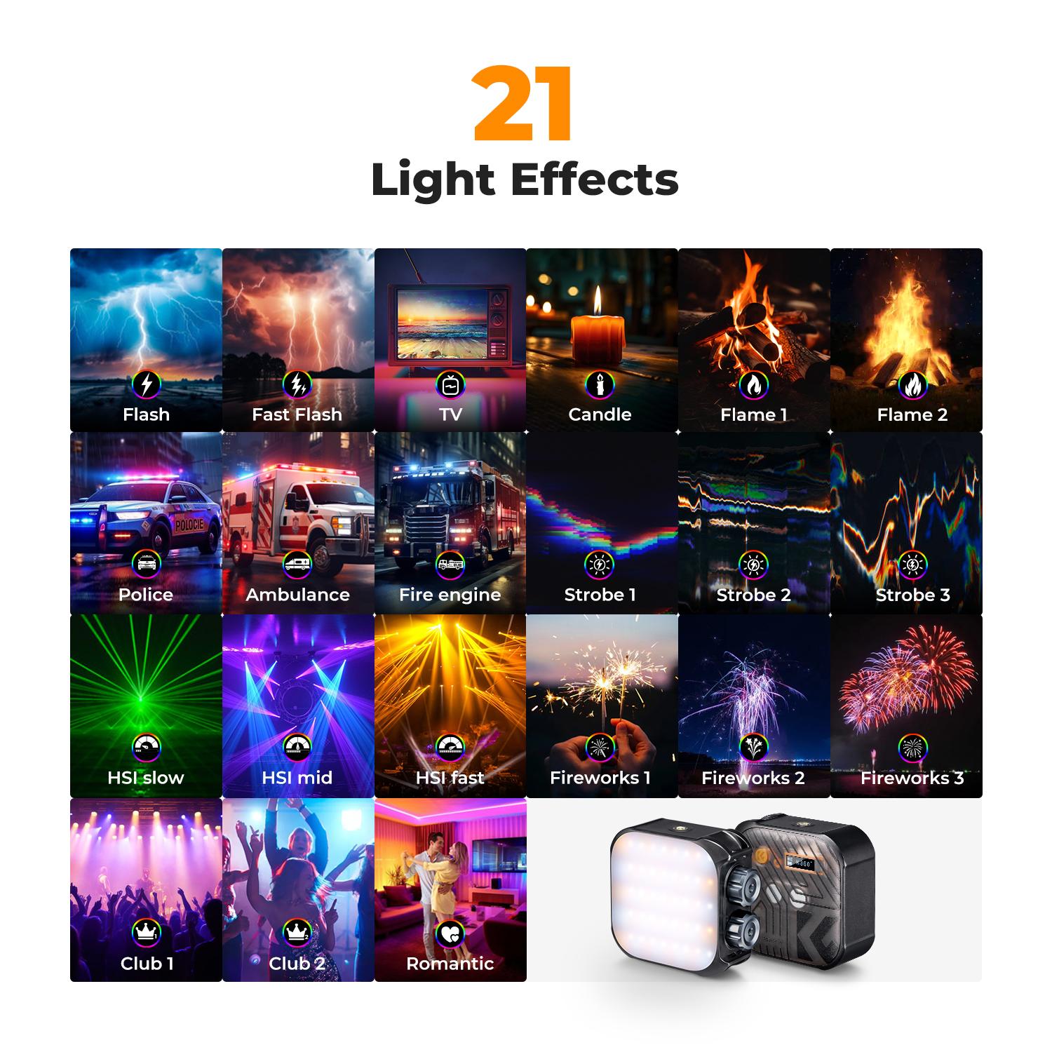 【K&F CONCEPT】RGB Video Light, 360° Full Color Portable Photography Light, LED Camera Light w 21 Light Effects, 2500K-9900K CRI 96+, 2000mAh Rechargeable Photography Lighting for Vlogging, Selfie.