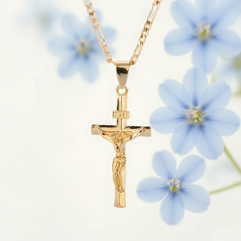 Men's Vintage 14K Gold-plated Jesus Cross Pendant Necklace With Smooth Chain Religious Jewelry For All Year Round Easter Graduation Gift