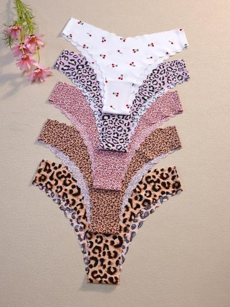 Women's Winter Panties 10 Pack, 5 Solid Colors + 4 Leopard Prints + 1 Cherry Print, Seamless, Fitted, Moderate Fabric, All Seasons, Scallop Trim Panty, Seamless High Elasticity