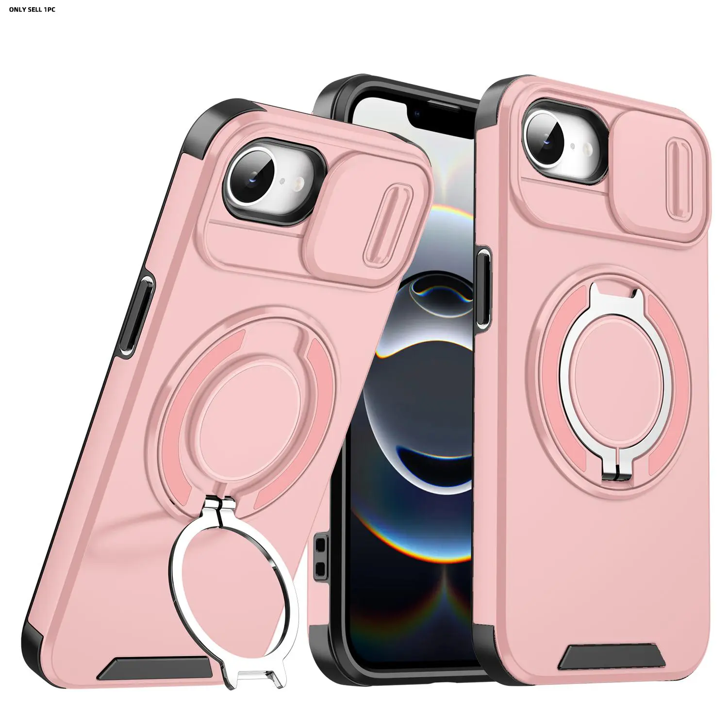 For iPhone 17E/16E (6.1") Shockproof Case with Rotating Ring Holder Kickstand & Slide Camera Cover, MagSafe Compatible, Hard Plastic Rugged Magnetic Slim Protective Cover, Protective Mobile Accessory