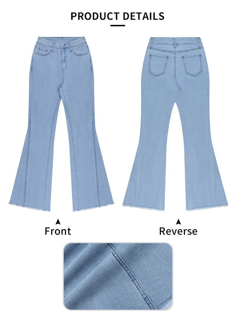 Women's Bell Bottom Flare Jeans Mid Rise Denim Pants Destroyed Raw Hem Denim Pants