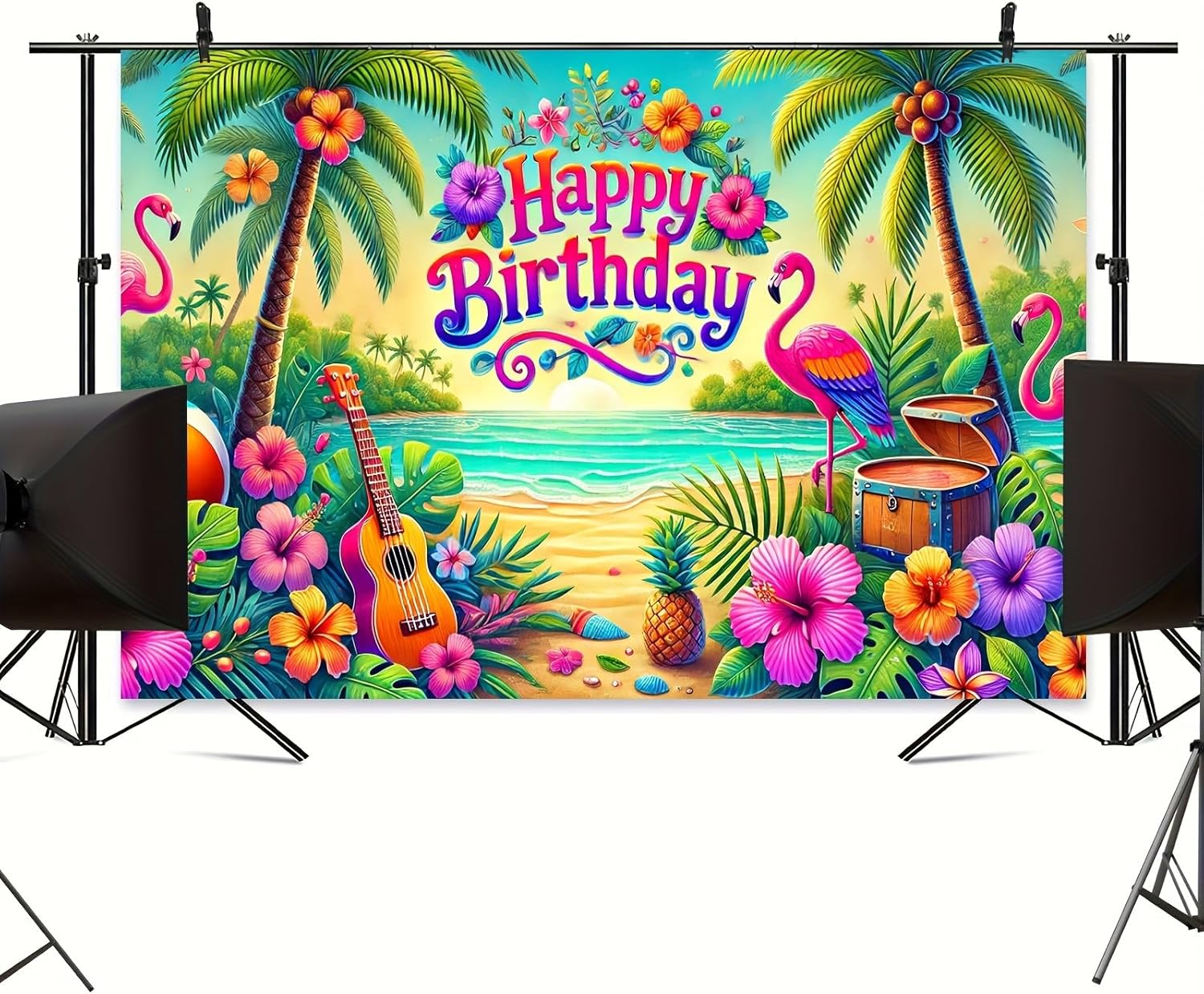 Happy Tropical Birthday, Large Summer Beach Party Banner; Colorful Hawaiian Flamingo Ukulele; Pineapple Hawaiian Party Garden Wall Decor; Indoor Birthday Celebration