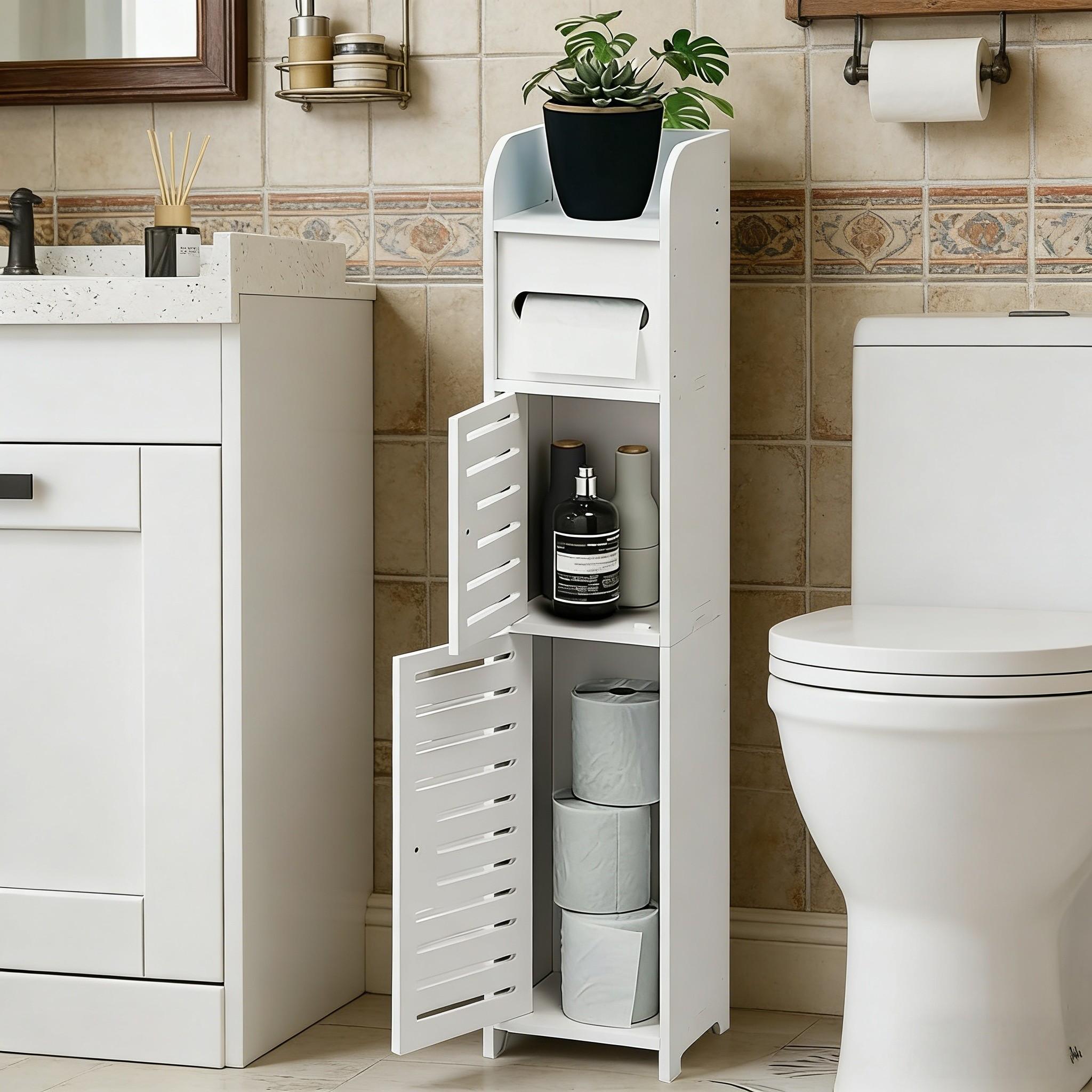 Narrow Bathroom Storage Cabinet with Door, Dust-Proof Top Flip Paper Holder, Minimalist Multi-Layer Design, Small Space Toilet Gap Shelf