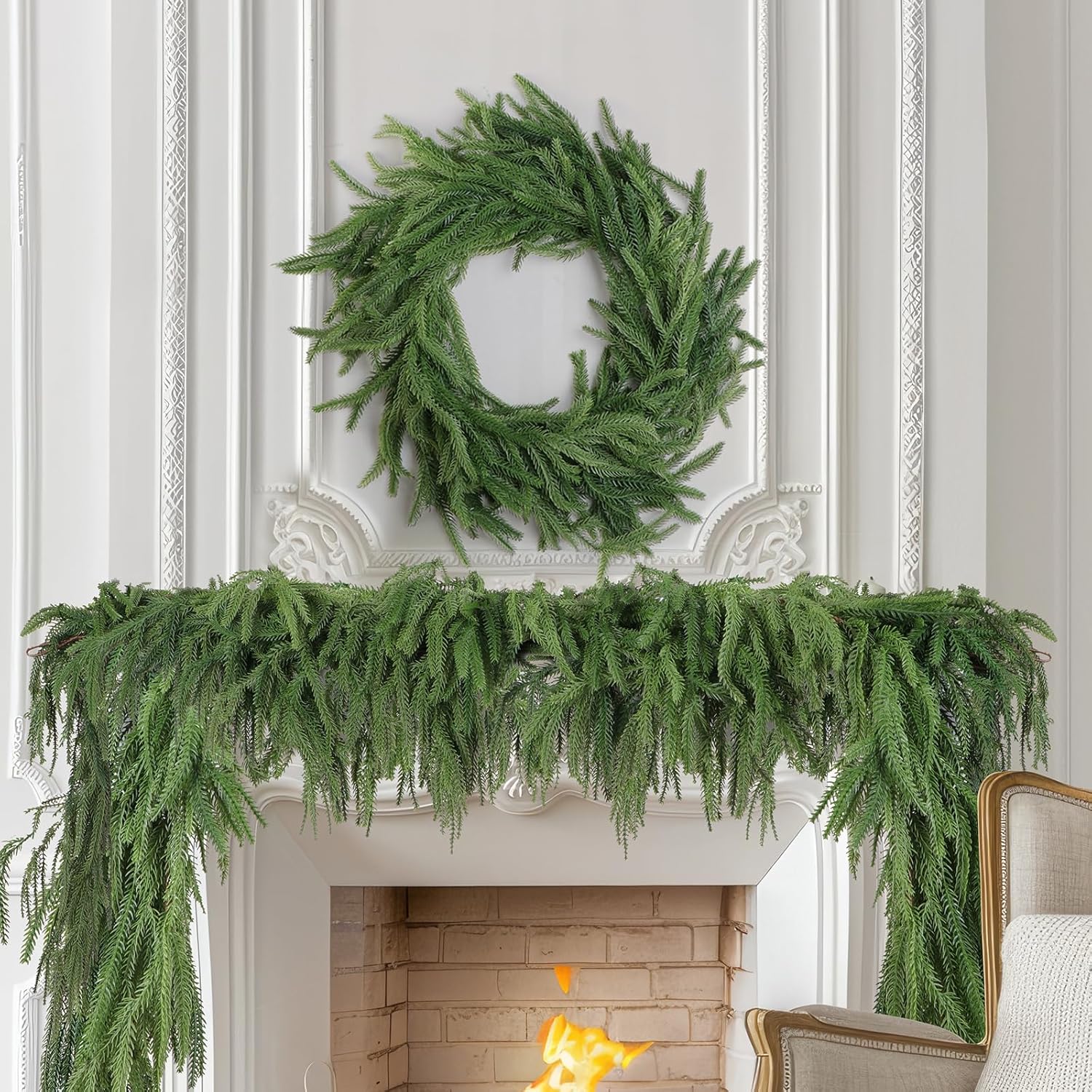 6 Foot Artificial Norfolk Island Christmas Wreath, Faux Pine Garland for Indoor Outdoor Decor, Perfect for Dining Table Fireplace Wall, Hanging Decoration