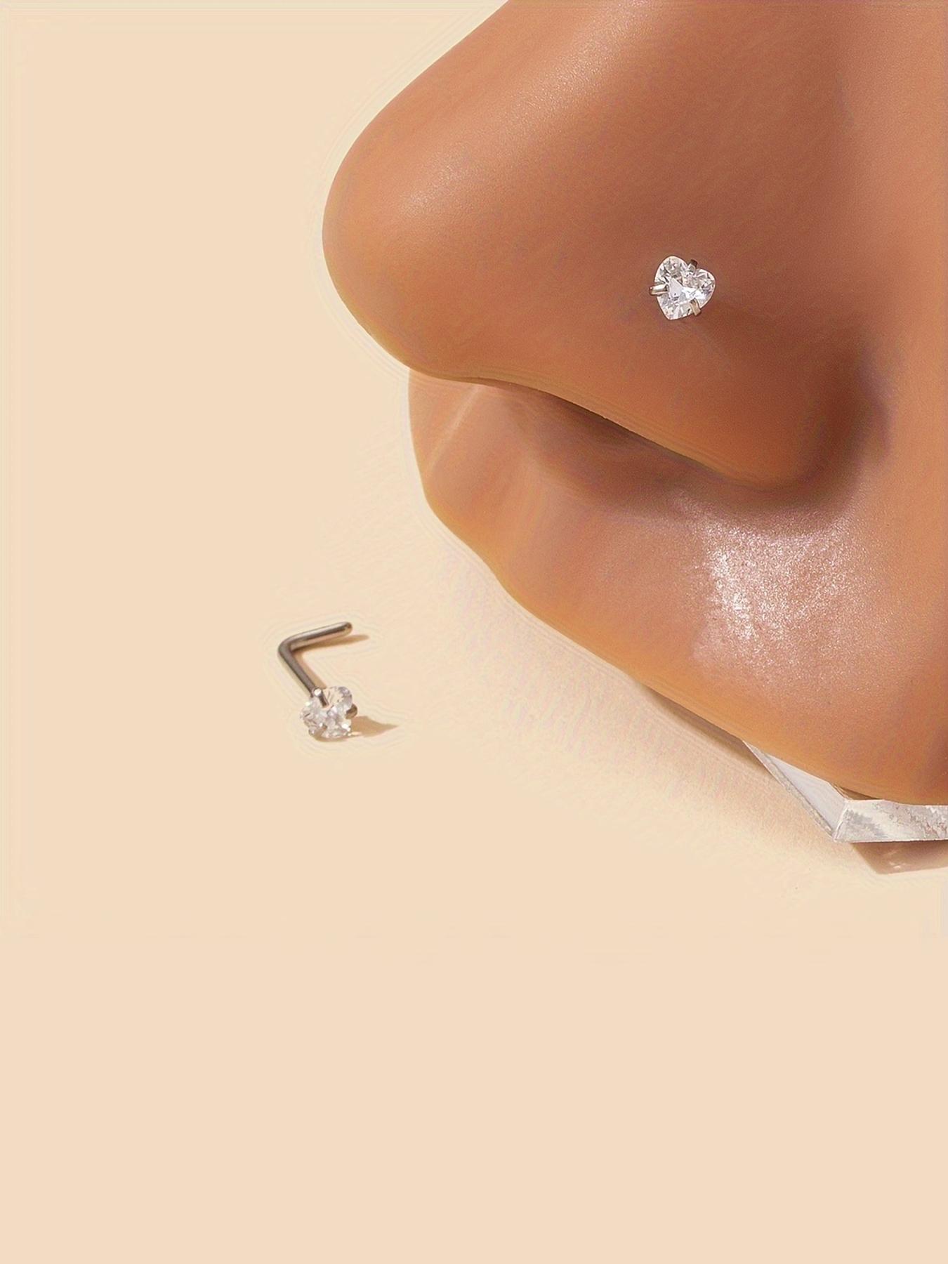 Summer Rhinestone Decor Heart Design L-shaped Nose Studs, Nose Piercing Jewelry, Nose Ring Jewelry, Daily Back To School