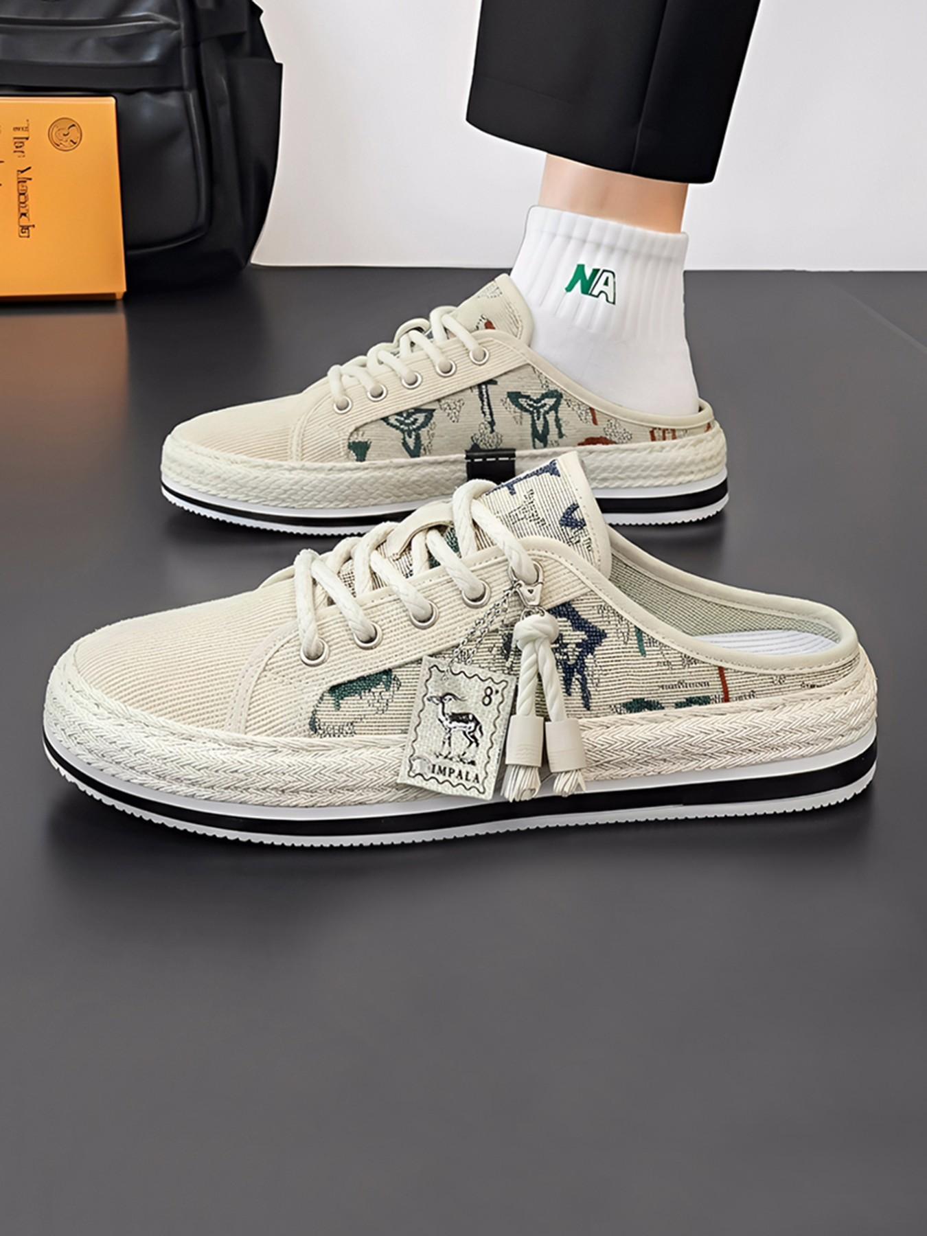 Men's Ethnic Animal Print Canvas Slippers, Summer Footwear, Size 39-44, Thick Sole, Slip-On Design, Retro Open-Toe Sandals