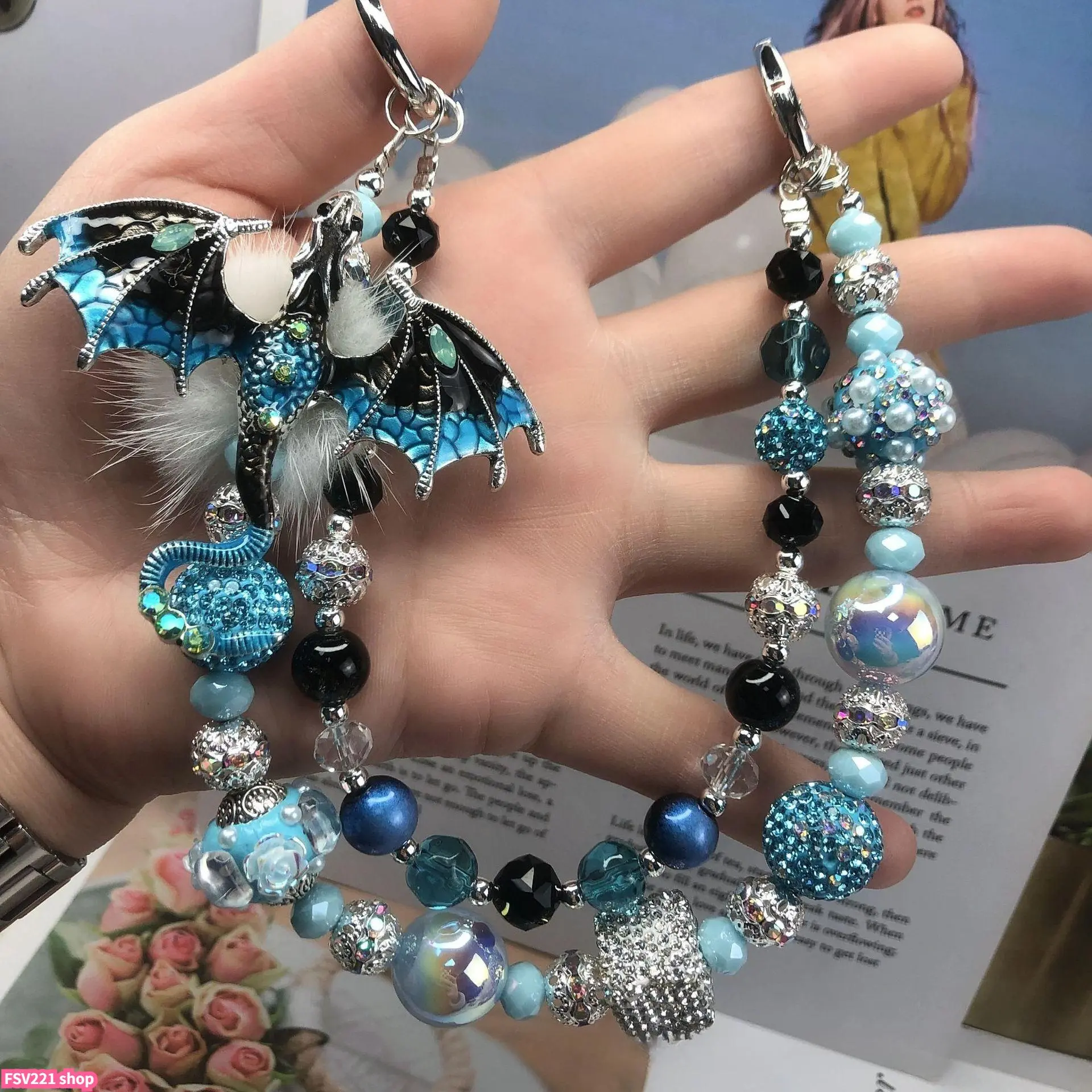Gothic Dragon Motif Beaded Keychain Bag Pendant - Shiny Crystals, Mixed Beads, Lobster Clasp, Edgy Fashion Bag Charm for Backpack, Purse Decor