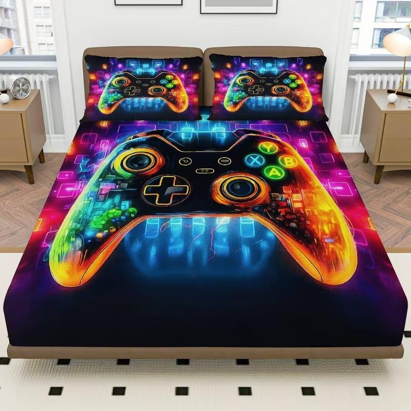 3-Piece Game Controller Bedding Set, Includes Fitted Sheet & Pillowcases, Breathable Polyester Fiber, All Seasons, Gaming Theme