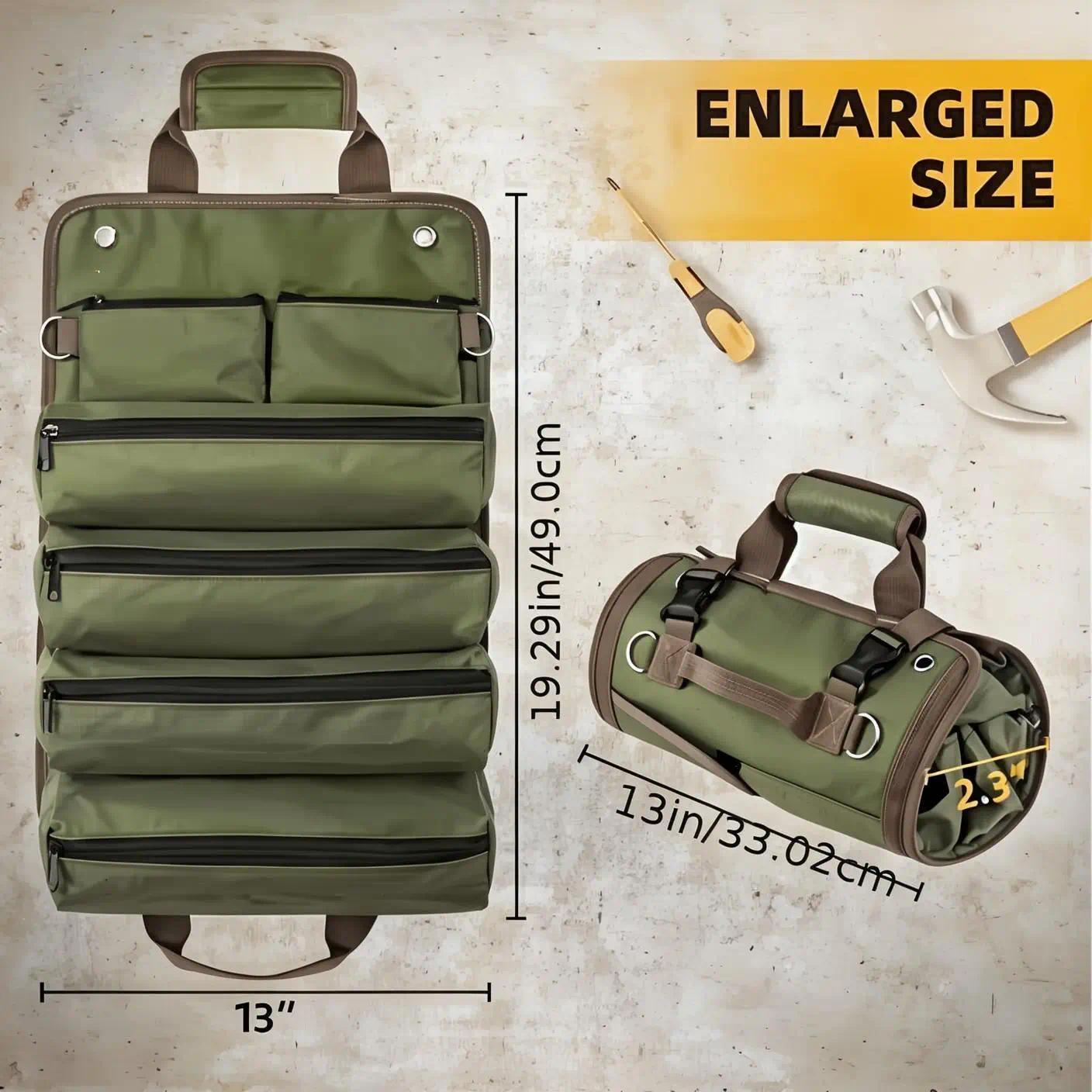 Heavy-duty waterproof tool organizer with 6 pockets.Removable and adjustable, suitable for electrician's, carpenter's and construction worker's tool belts.Portable and practical storage tool kit.Roll-up tool bag.  Tool Roll with Carrying Handle versatile