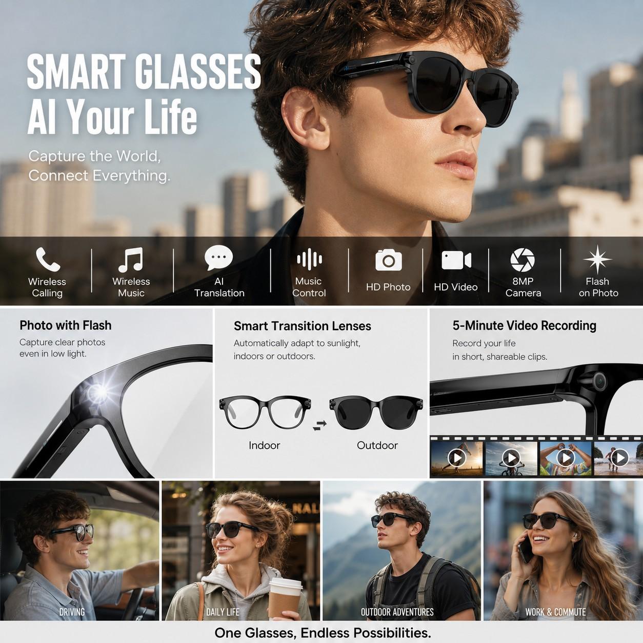 SENBONO Multifunctional Smart Glasses with Ai Assistant, HD Recording, Bluetooth-compatible Music Calling, Dual Mic Noise Reduction, LED Flashlight, 8mp Camera