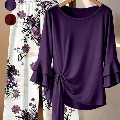 Plus Size Women Two‑Piece Outfit, Elegant Chic Flare Bell Sleeve Knotted Waist Tops, Casual Loose‑Fit Floral Print Wide Leg Pants Set