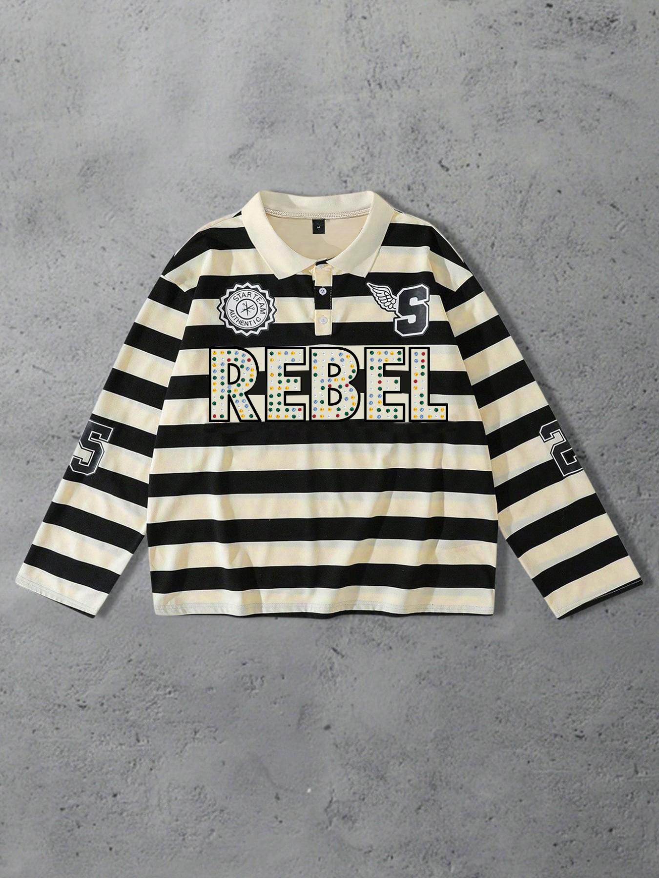 REBEL printed red and white striped polo long sleeved men's T-shirt, striped polo collar long sleeved shirt, European and American street life unisex long T-shirt ins style