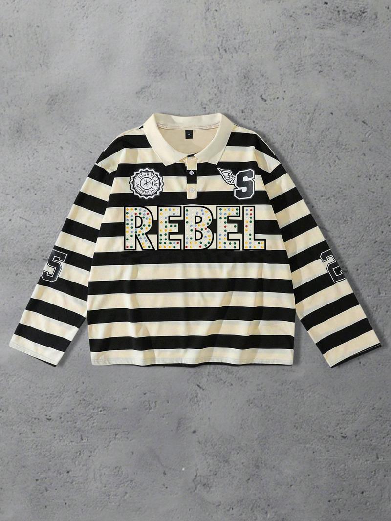 REBEL printed red and white striped polo long sleeved men's T-shirt, striped polo collar long sleeved shirt, European and American street life unisex long T-shirt ins style