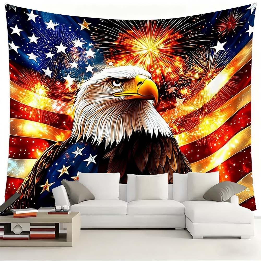 1PC Independence Day themed tapestry featuring majestic eagle and vibrant fireworks creates festive atmosphere perfect for enhancing wall decor in bedrooms or living rooms during gatherings and celebrations stunning design complements home style rich colo