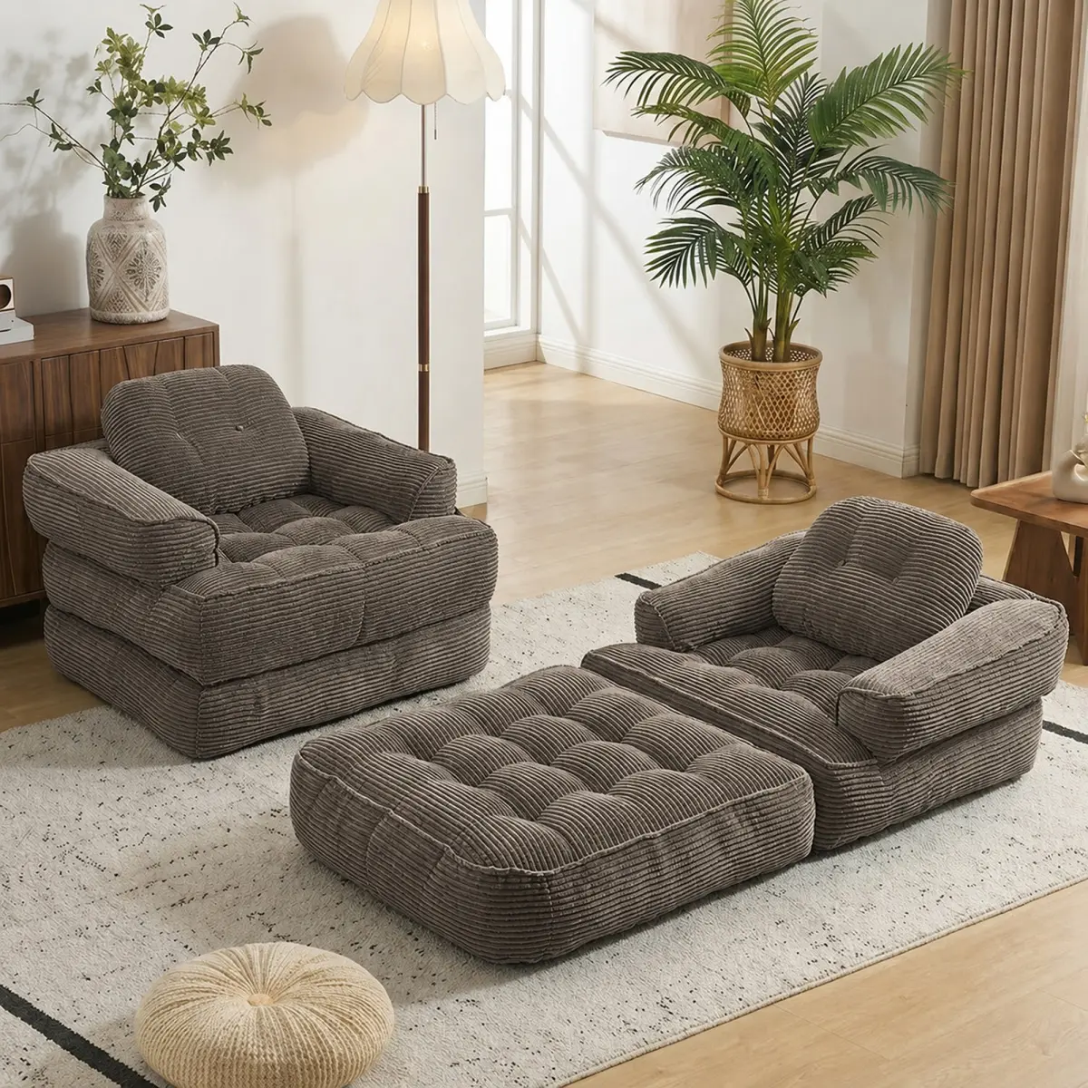 66.9 Inch Boneless Folding Sofa Bed with Armrest & Pillows, 2-in-1 Convertible Corduroy Floor Lounger, Portable Sofa Bed for Bedroom Living Room Homestay Game Room, Coffee