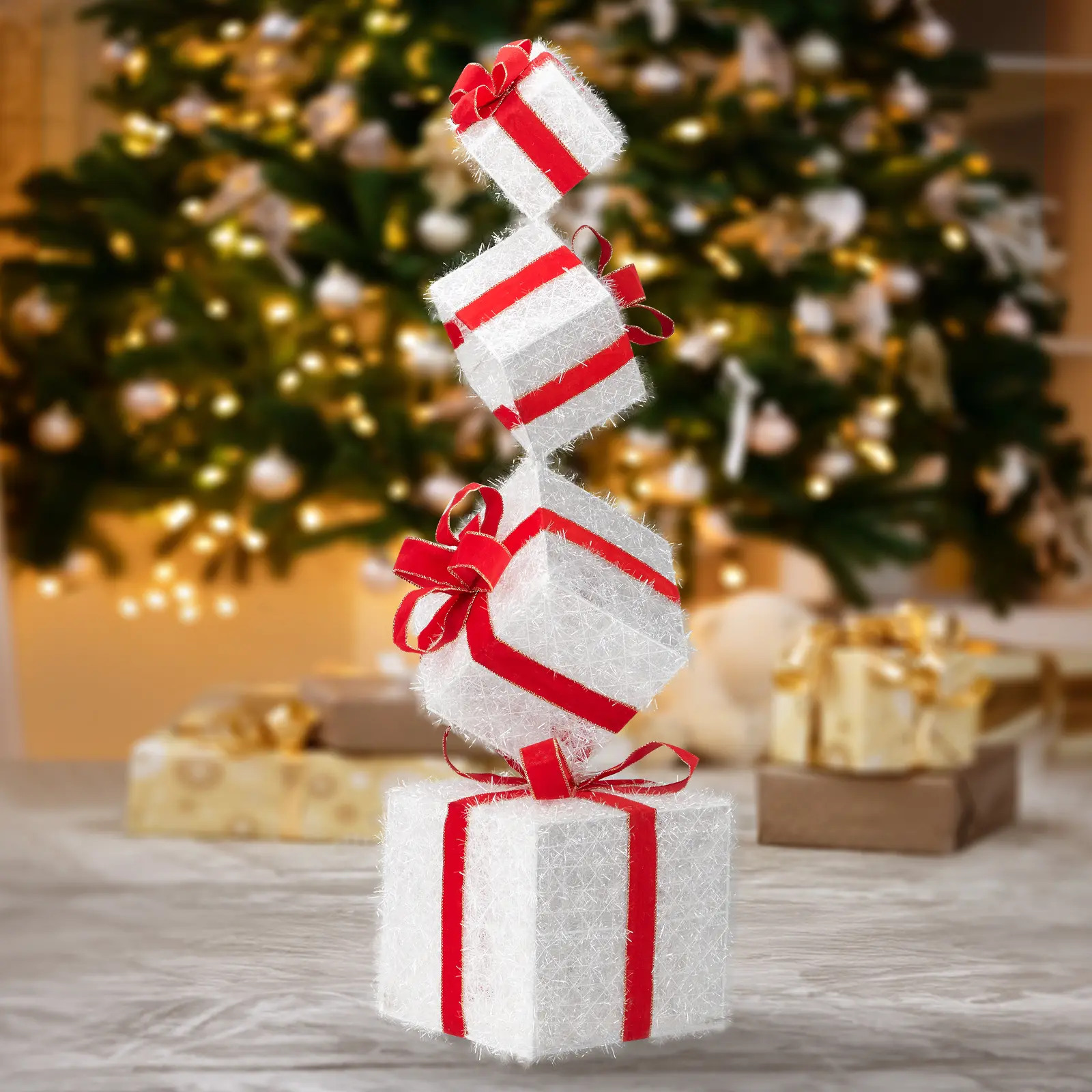 100cm LED Lighted Christmas Gift Box Decoration with Bowknot - Outdoor Decor for Front Porch, Lawn - Indoor Home Holiday Ornament (Festive & Party Supplies)
