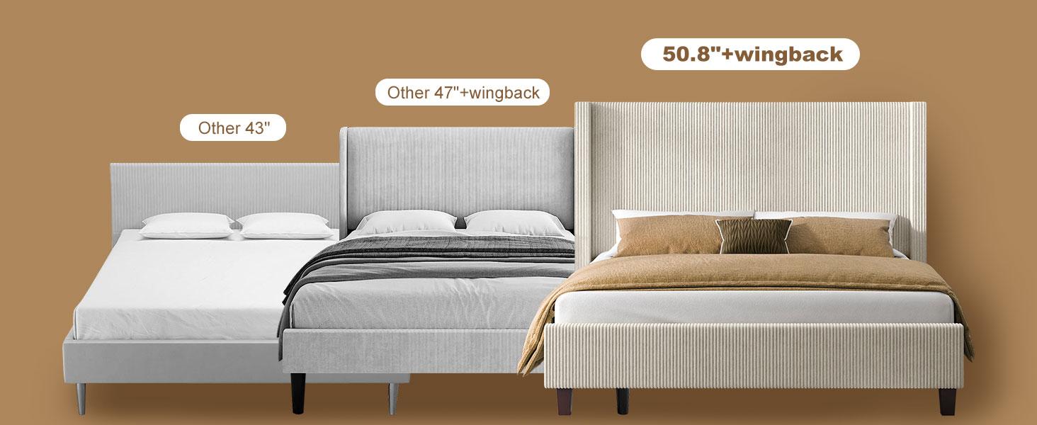 VanAcc Upholstered Platform Bed Frame, Wingback Bed with 50.8" Headboard, Modern Corduroy Design, Solid Wood Leg/No Box Spring Needed, Unique Bedroom Furniture